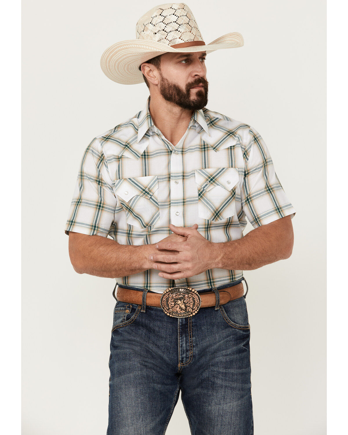 Men's Ely Walker Plaid Print Short Sleeve Pearl Snap Western Shirt