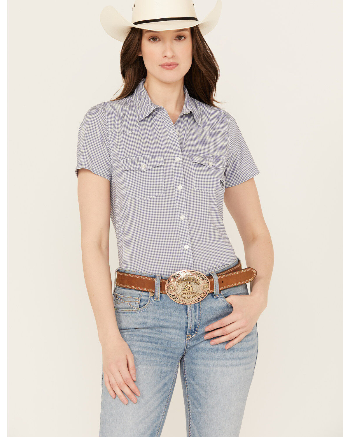 Women's Ariat Boot Barn Exclusive Gingham Print Short Sleeve Button-Do