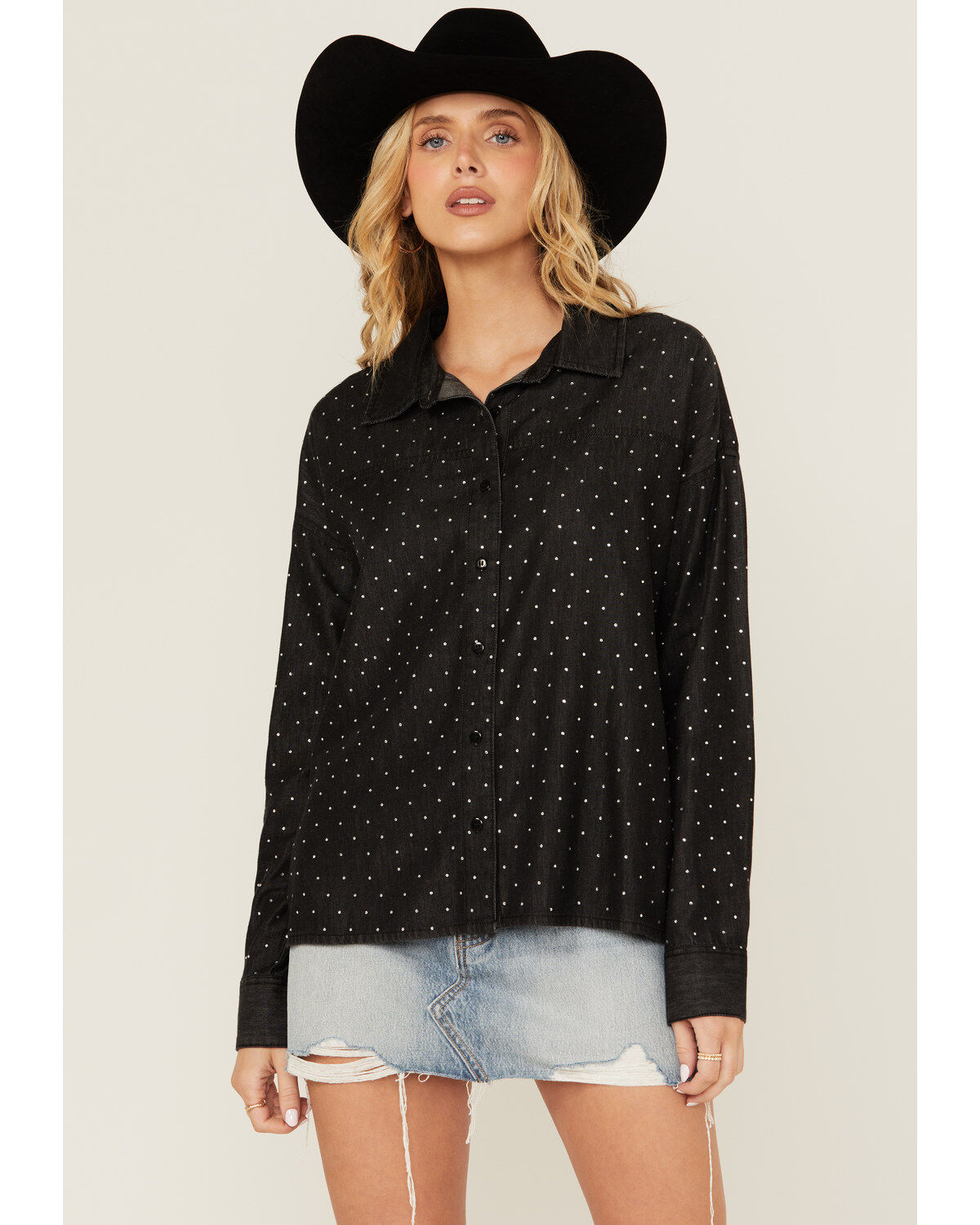 Women's Rock & Roll Denim Rhinestone Long Sleeve Button-Down Western S