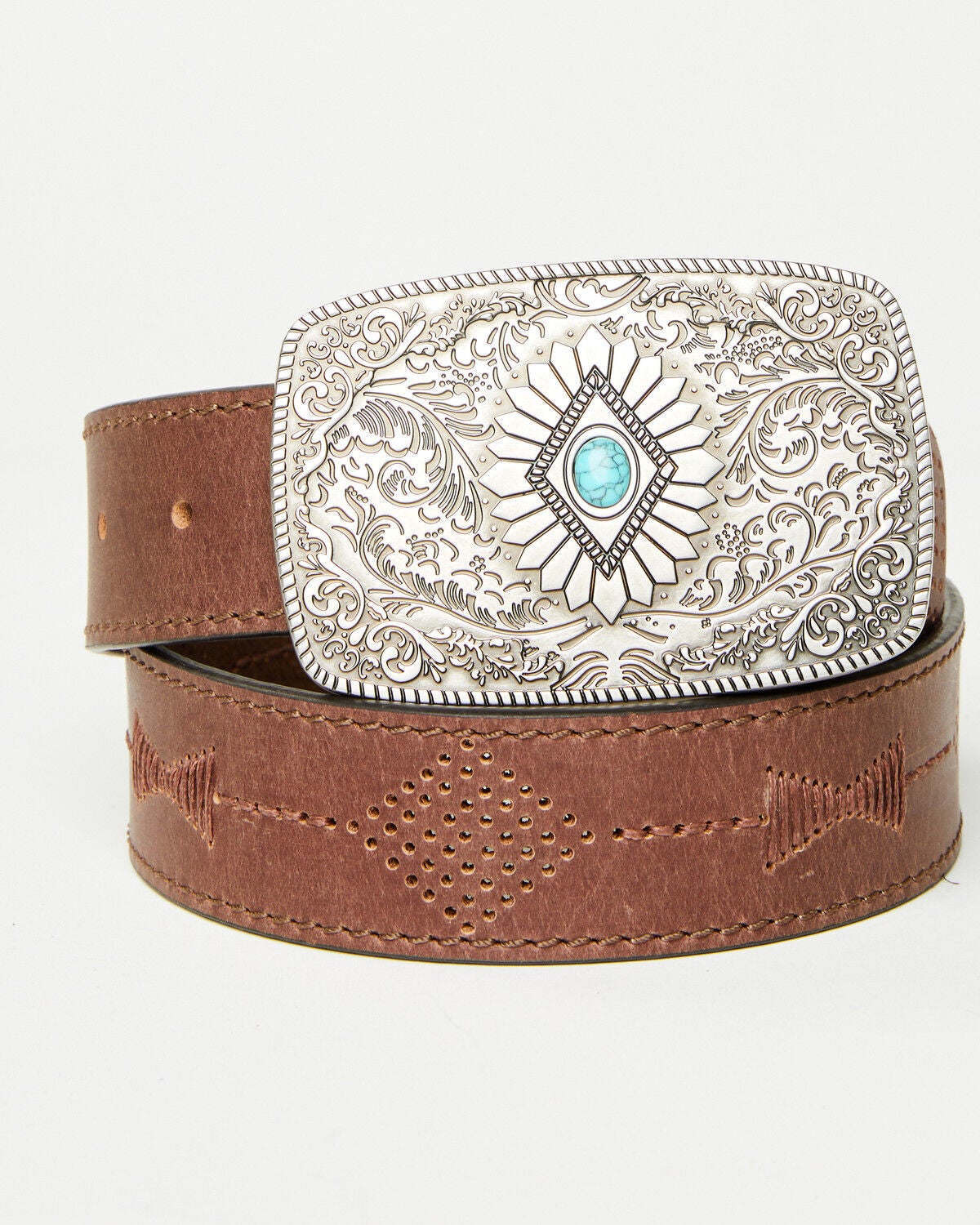 Idyllwind Women’s Highland Buff Leather Belt in Dark Brown, XXL – Western Perforated Strap with Silver Filigree Turquoise Buckle