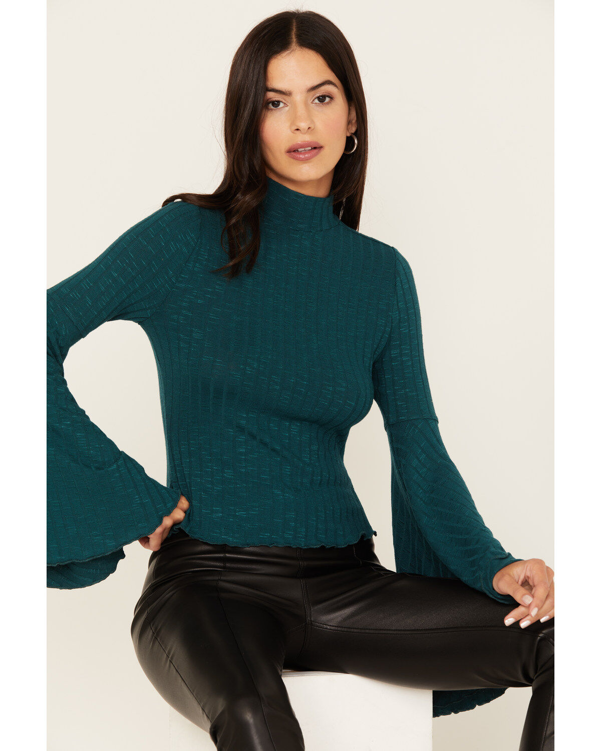 Women's Shyanne Rib Knit Mock Neck Bell Sleeve Top