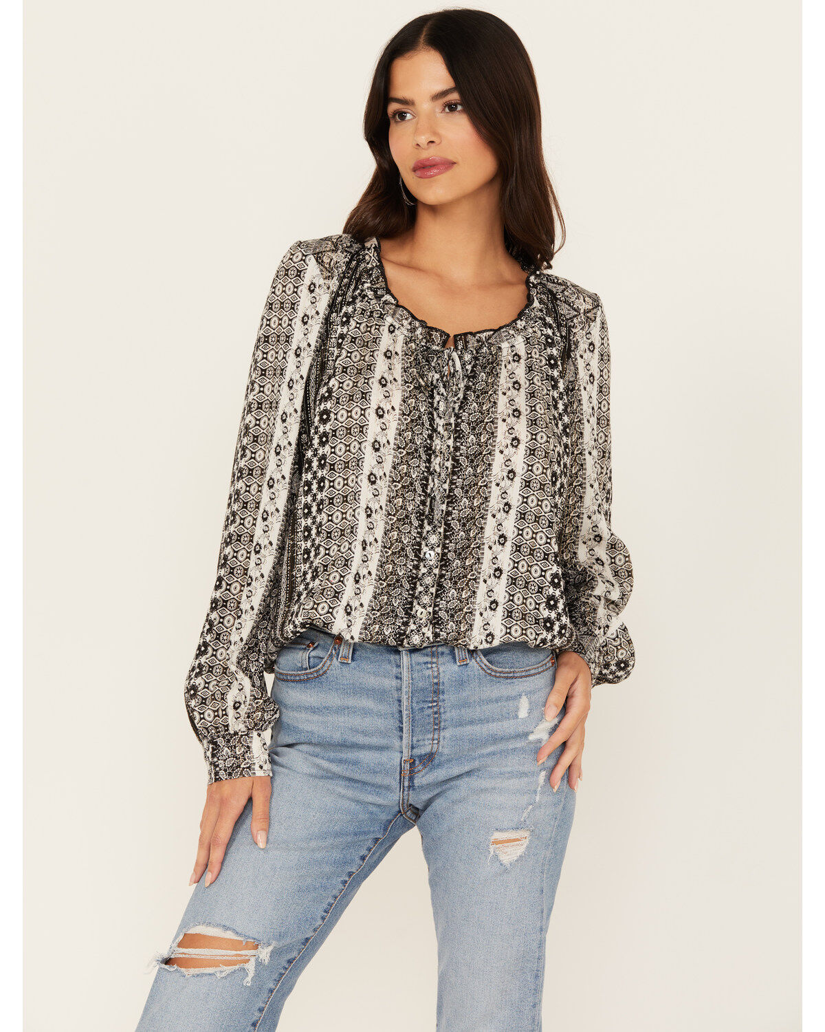 Women's Wild Moss Lurex Striped Long Sleeve Peasant Top