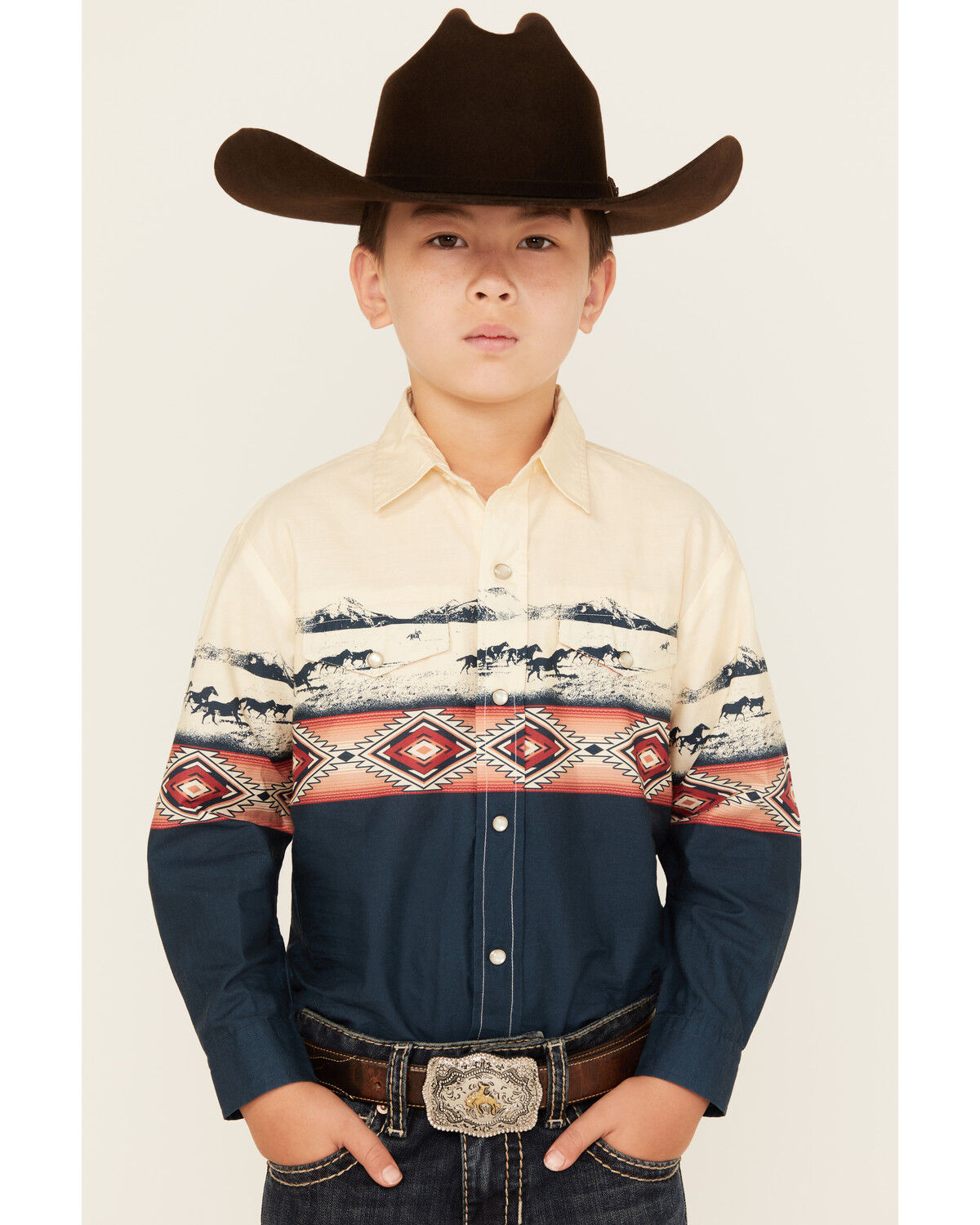 Boys' Roper Vintage Running Horses Boarder Long Sleeve Snap Western Sh