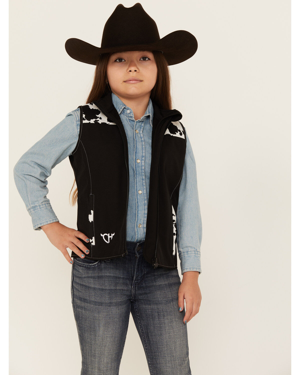 Girls' Cowgirl Hardware Cow Print Yoke Poly Shell Vest
