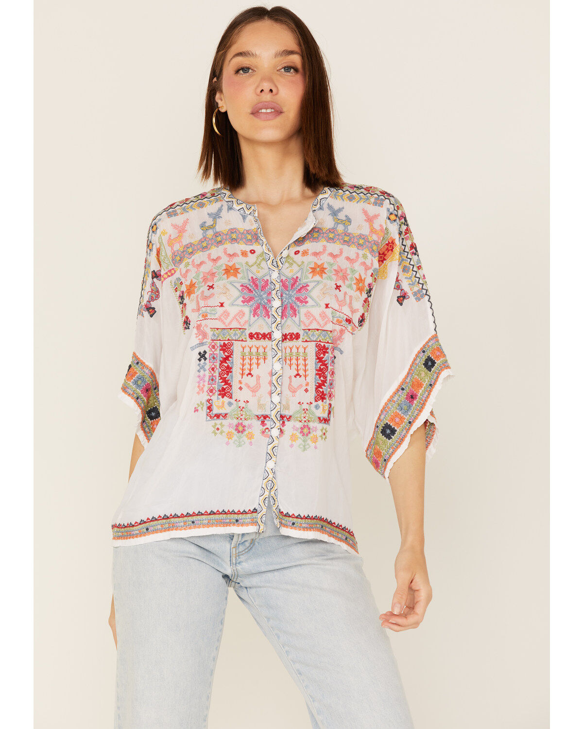 Women's Johnny Was Xylia Embroidered Wildlife & Floral Short Sleeve Bl