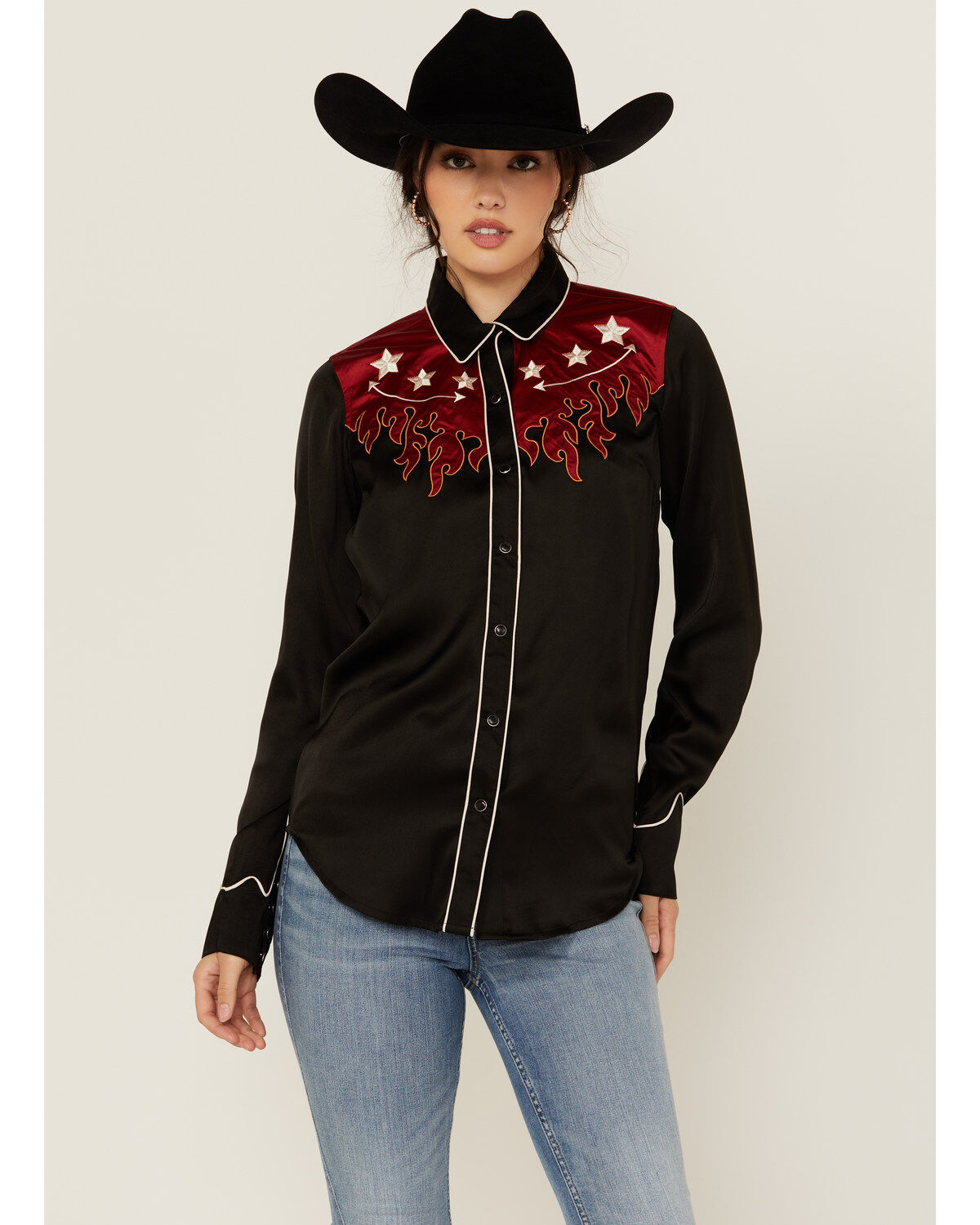Women's Rock & Roll Denim Flames Long Sleeve Snap Western Shirt