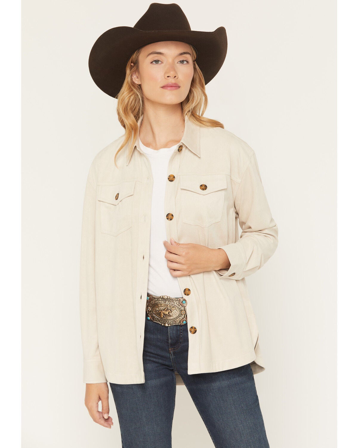 Shyanne Women’s Scotty Faux Suede Button-Down Icon Shacket in Oatmeal – Oversized Western Shirt Jacket, Size XS