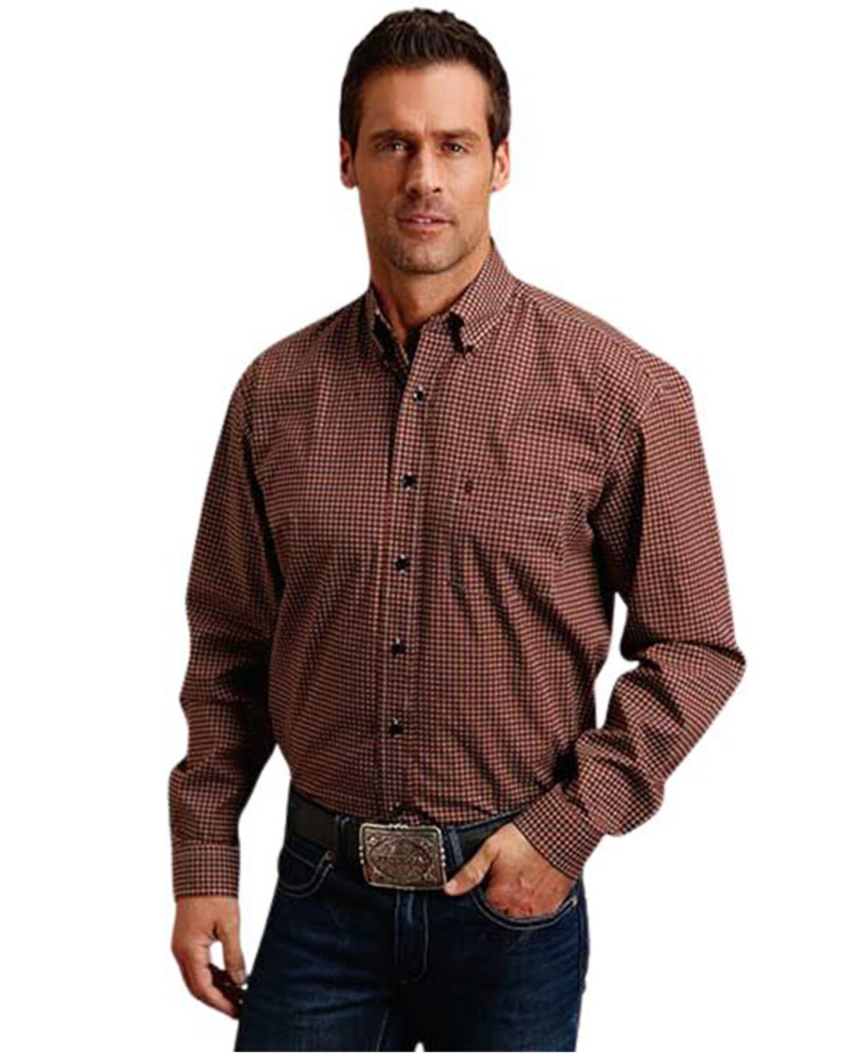 Men's Stetson Dobby Plaid Print Long Sleeve Button-Down Western Shirt
