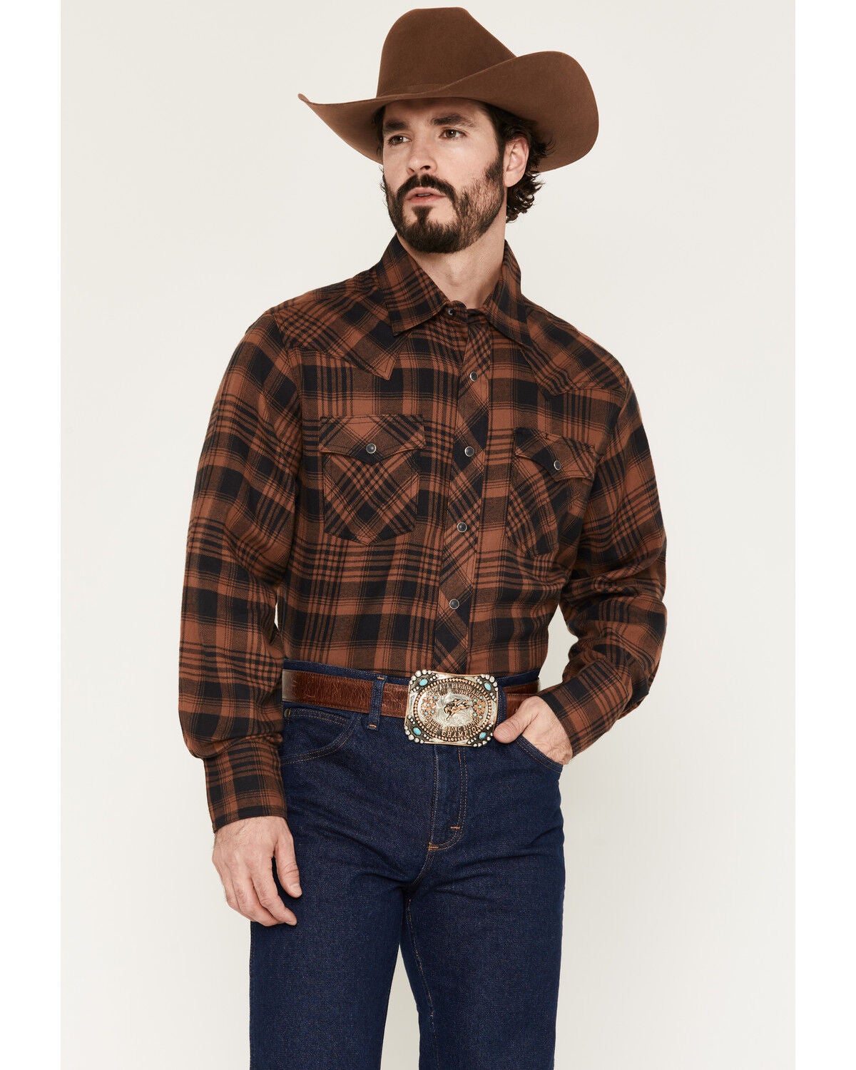 Men's Wrangler Retro Plaid Print Long Sleeve Snap Flannel Shirt