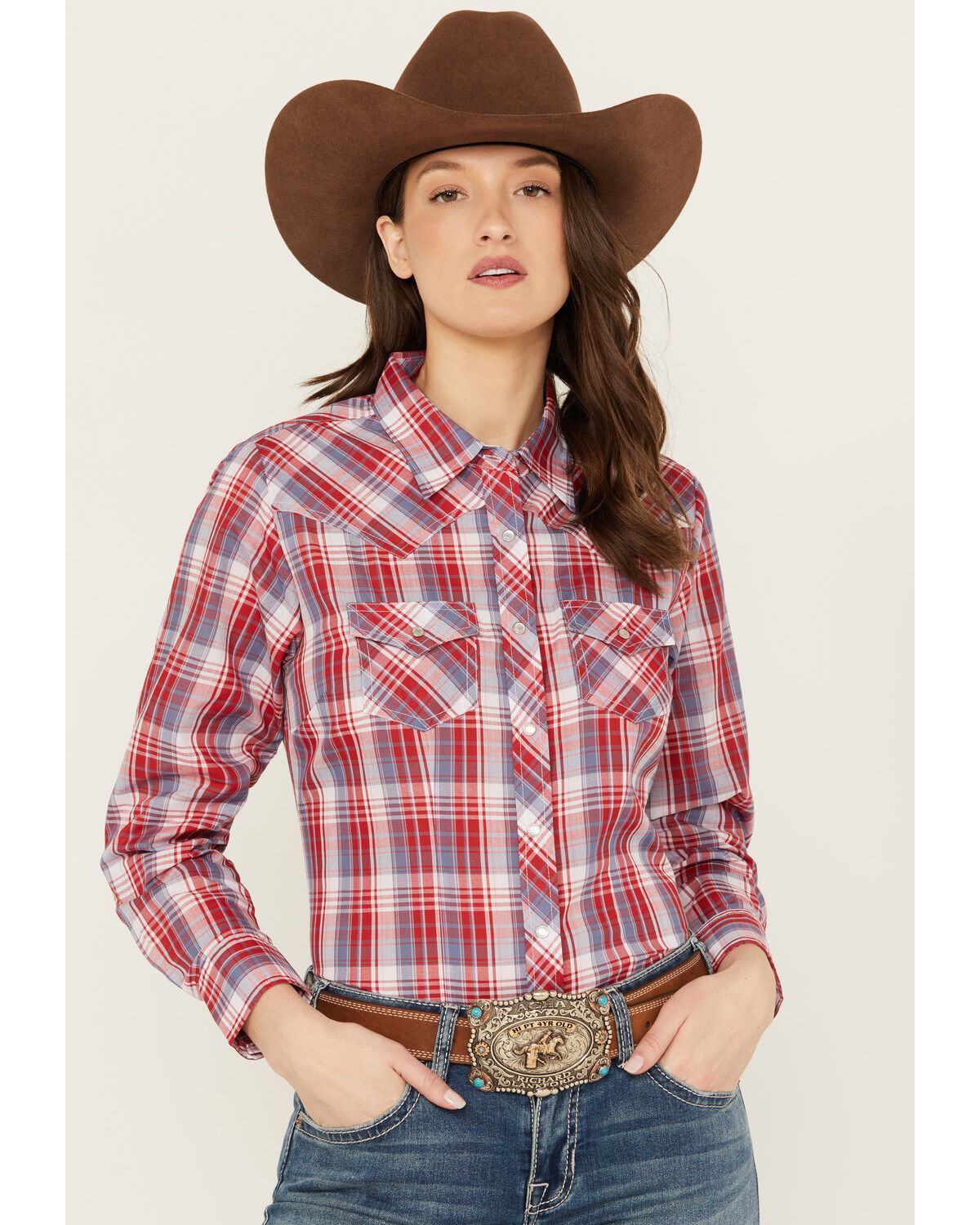Women's Ely Walker Plaid Print Long Sleeve Pearl Snap Western Shirt