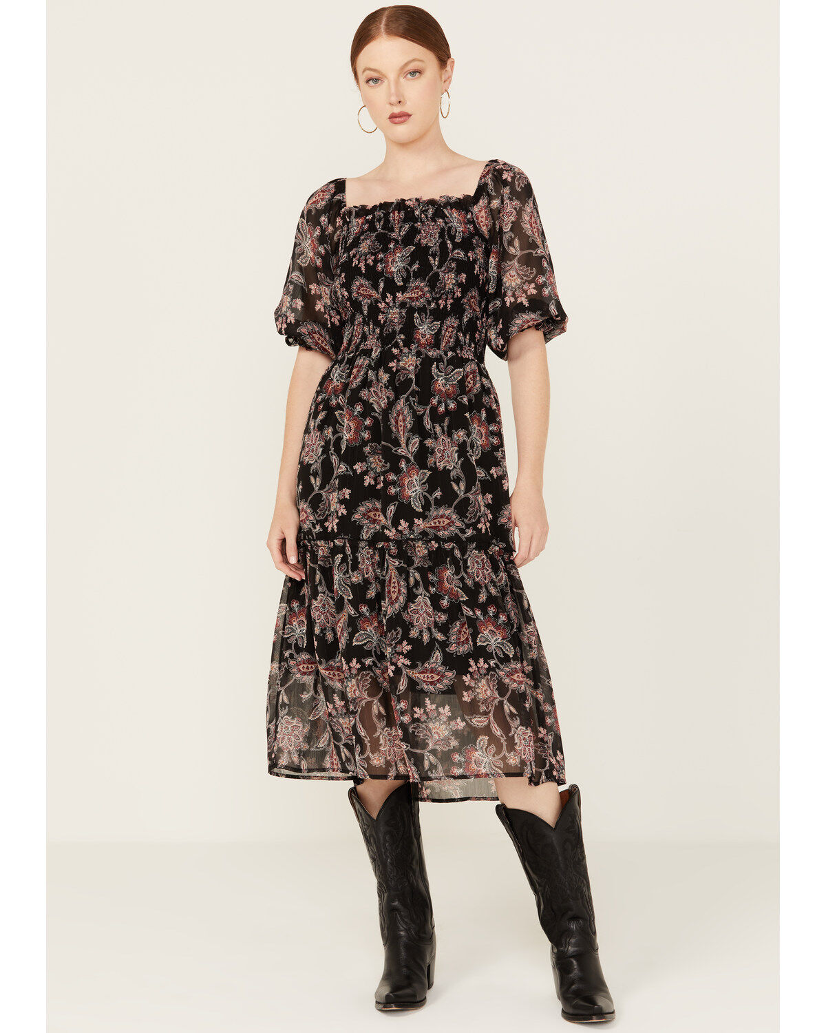 Women's Wild Moss Floral Pais Short Sleeve Smocked Midi Dress