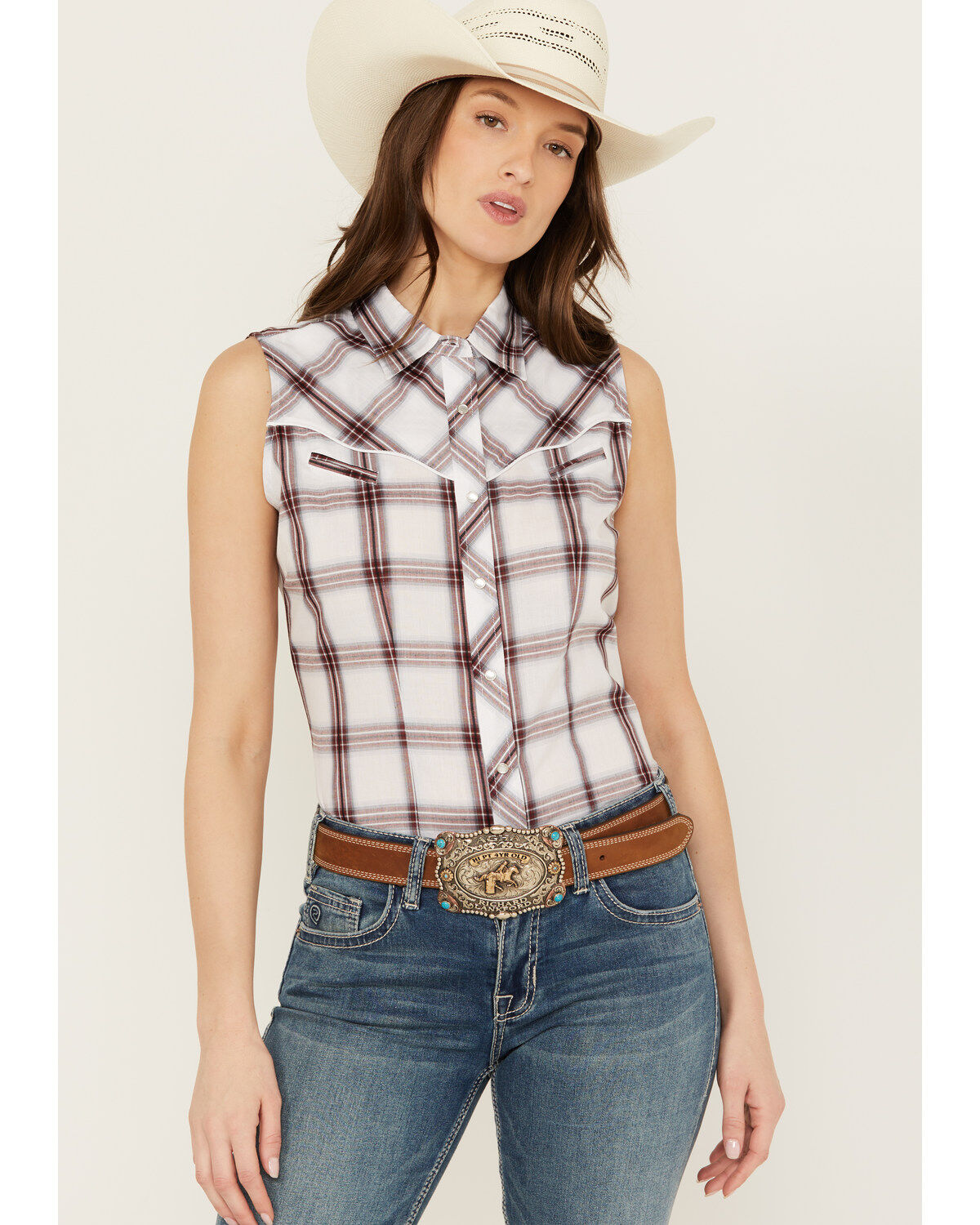 Women's Ely Walker Sleeveless Plaid Print Western Pearl Snap Shirt