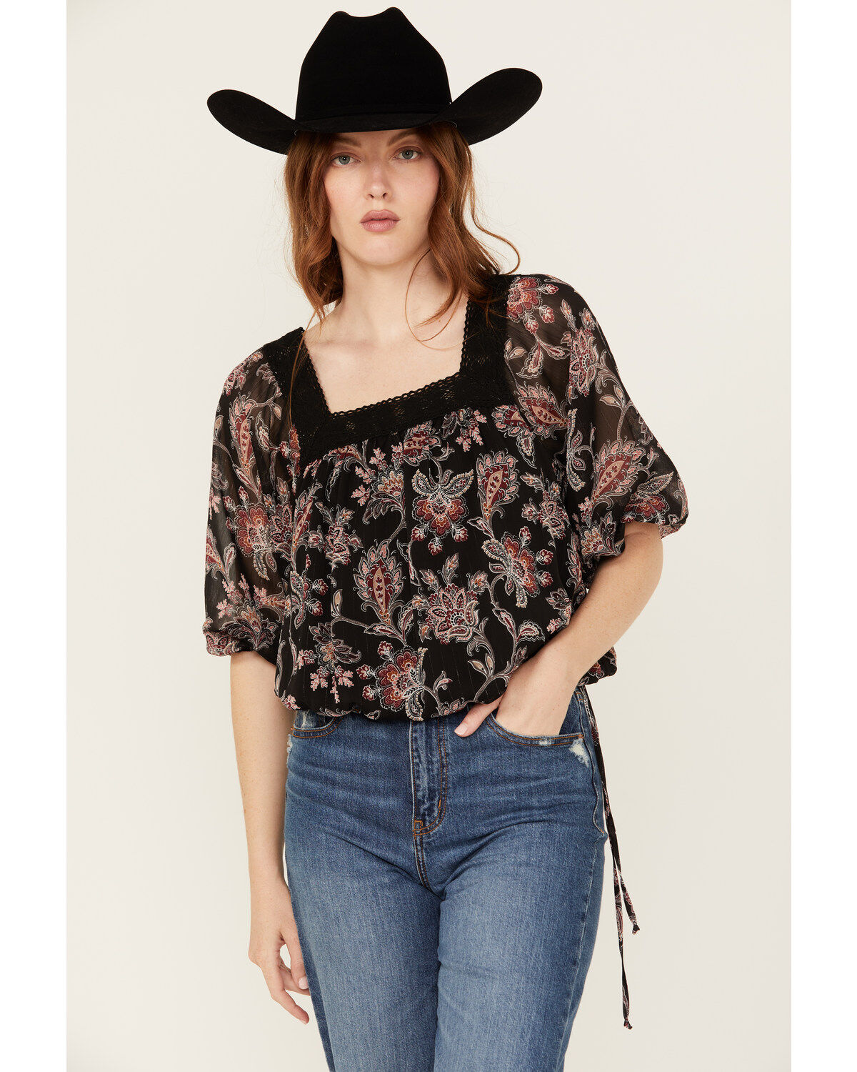 Women's Wild Moss Floral Pais Short Sleeve Peasant Top