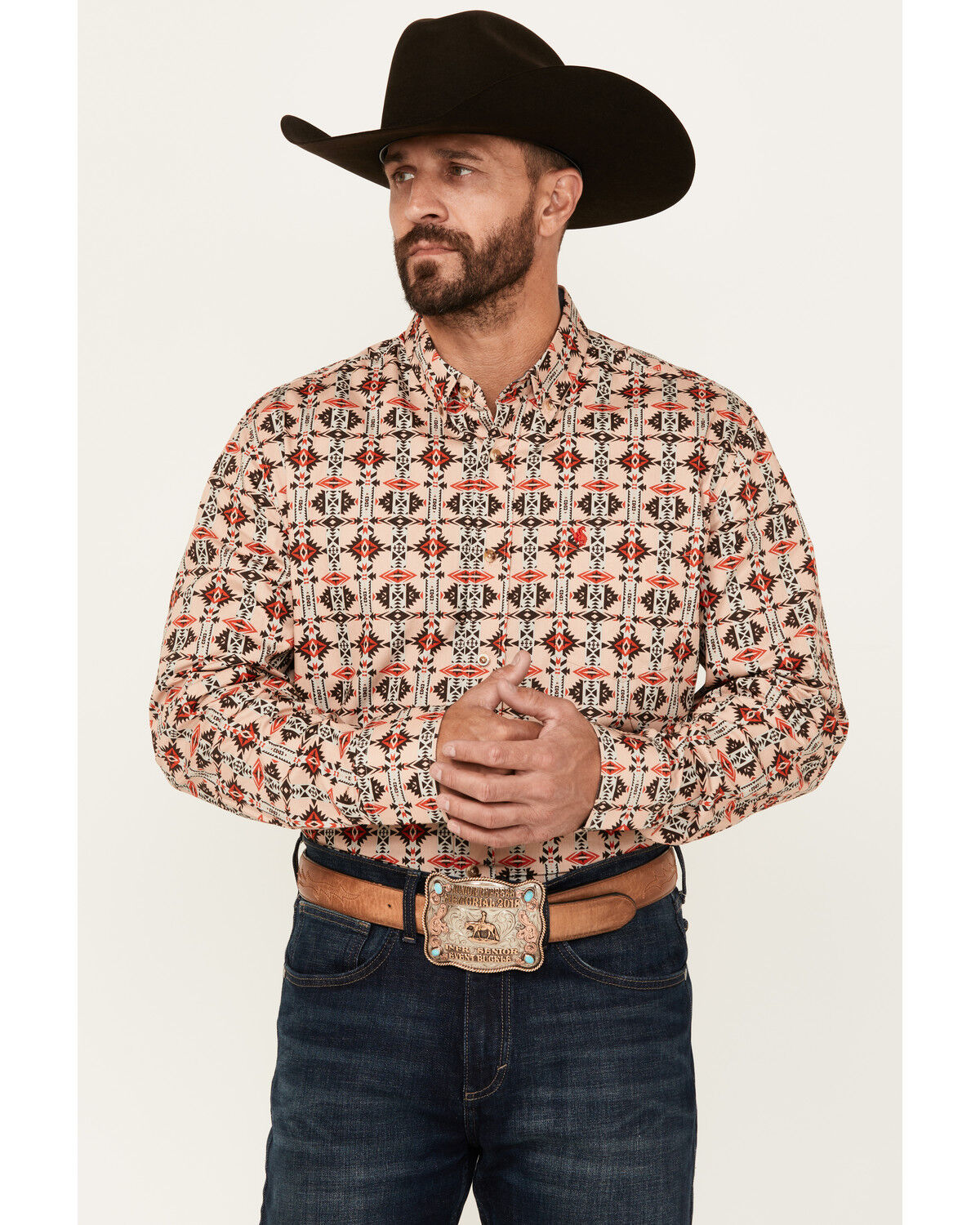 Men's Rodeo Clothing Southwestern Print Long Sleeve Snap Western Shirt