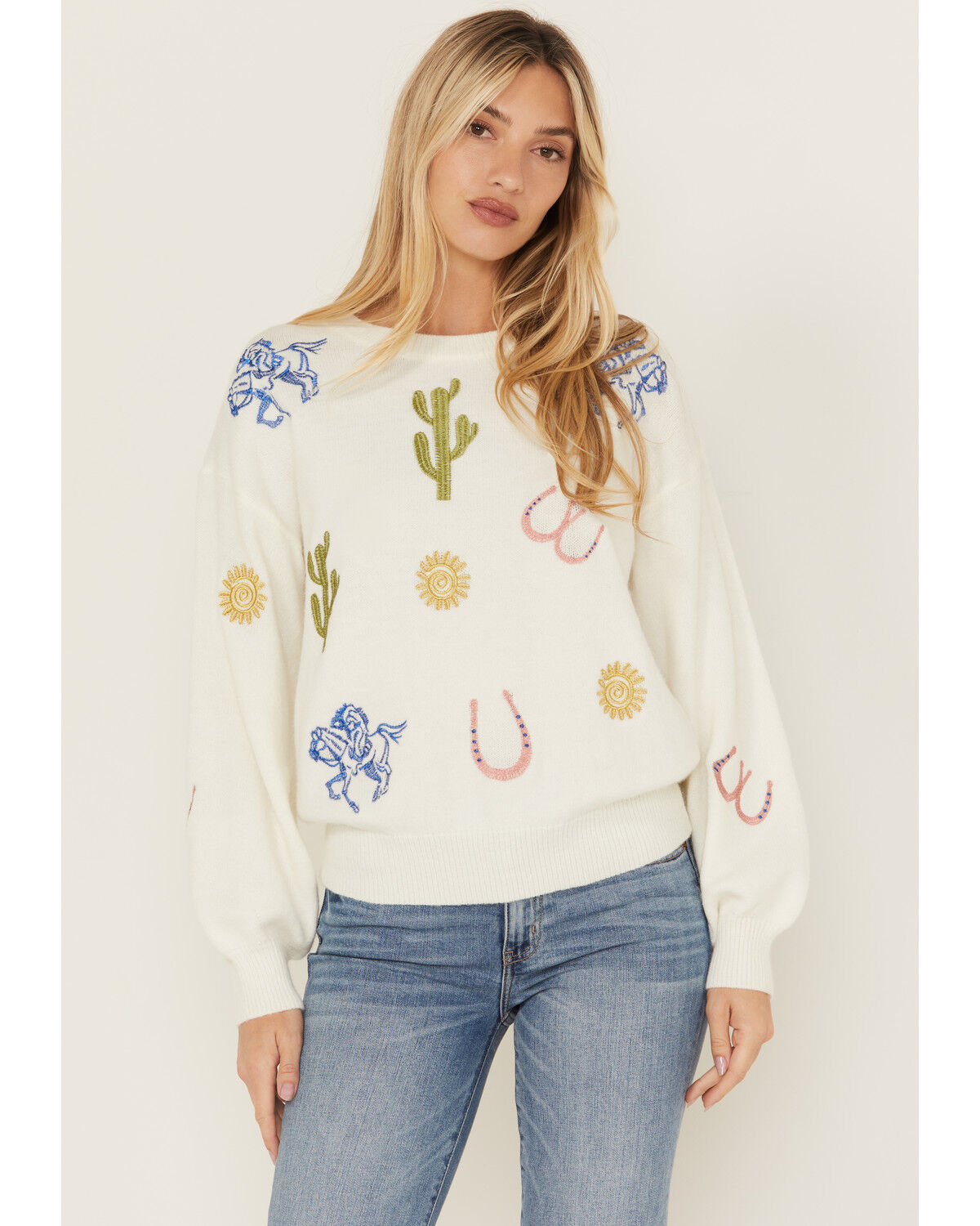 Women's Blue B Embroidered Conversation Print Sweater