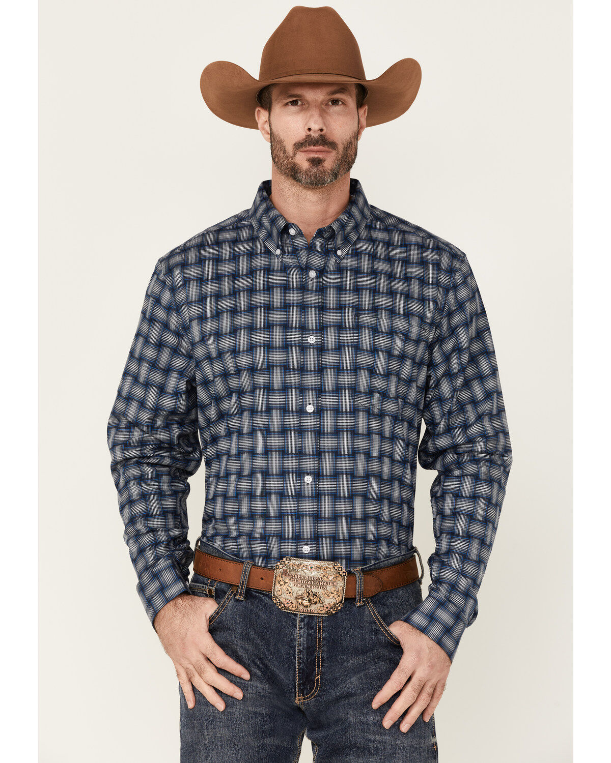 Men's Cody James Core Wicker Small Plaid Long Sleeve Button Down Weste