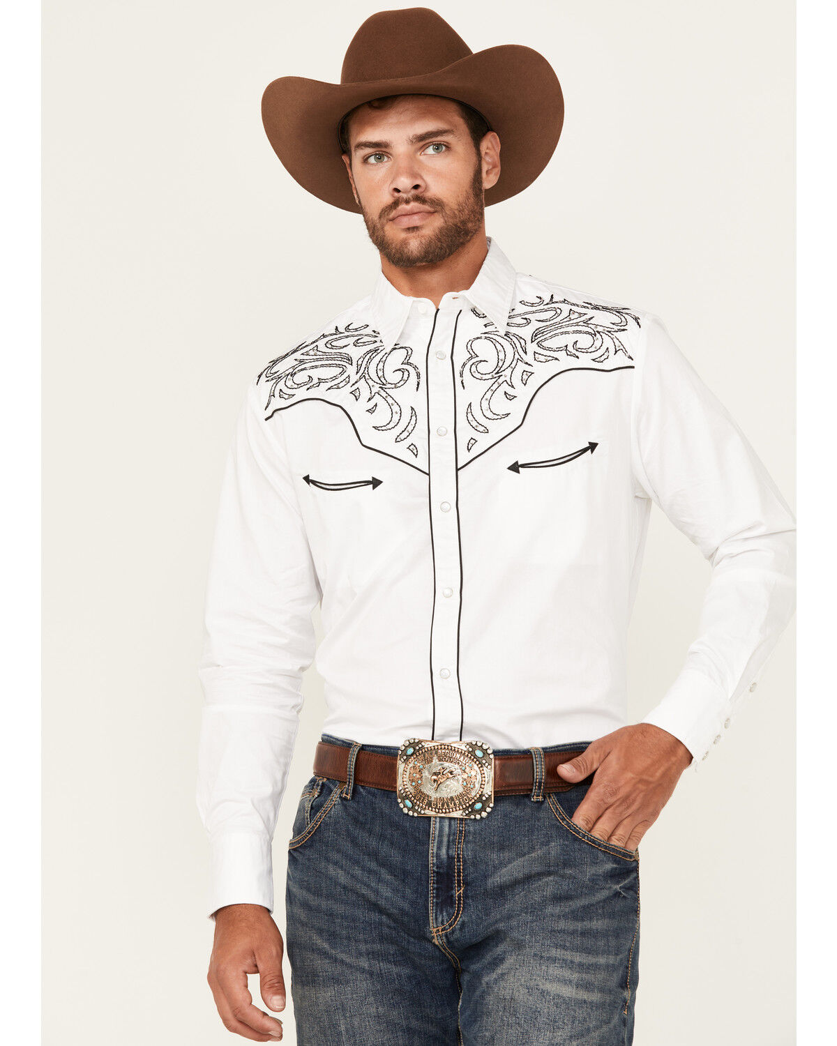 Men's Rodeo Clothing Embellished Yoke Long Sleeve Pearl Snap Western S