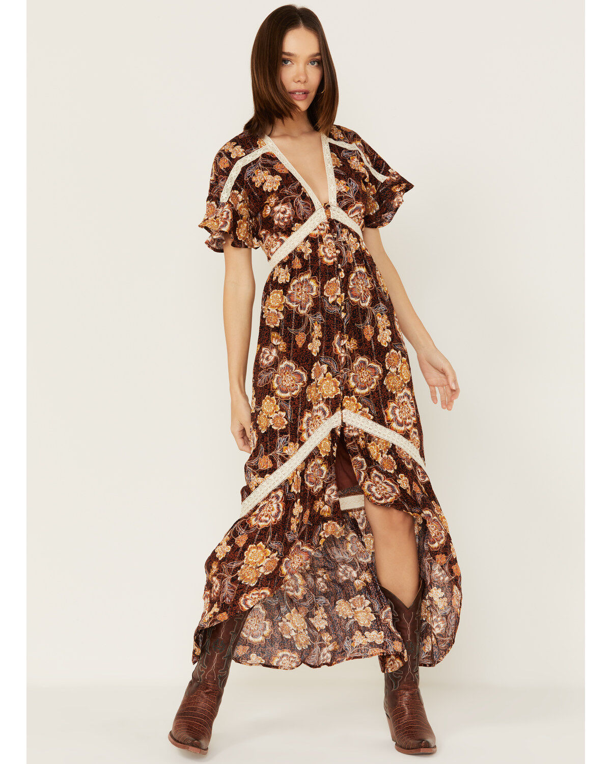 Women's Shyanne Short Sleeve Floral Print High-Low Maxi Dress