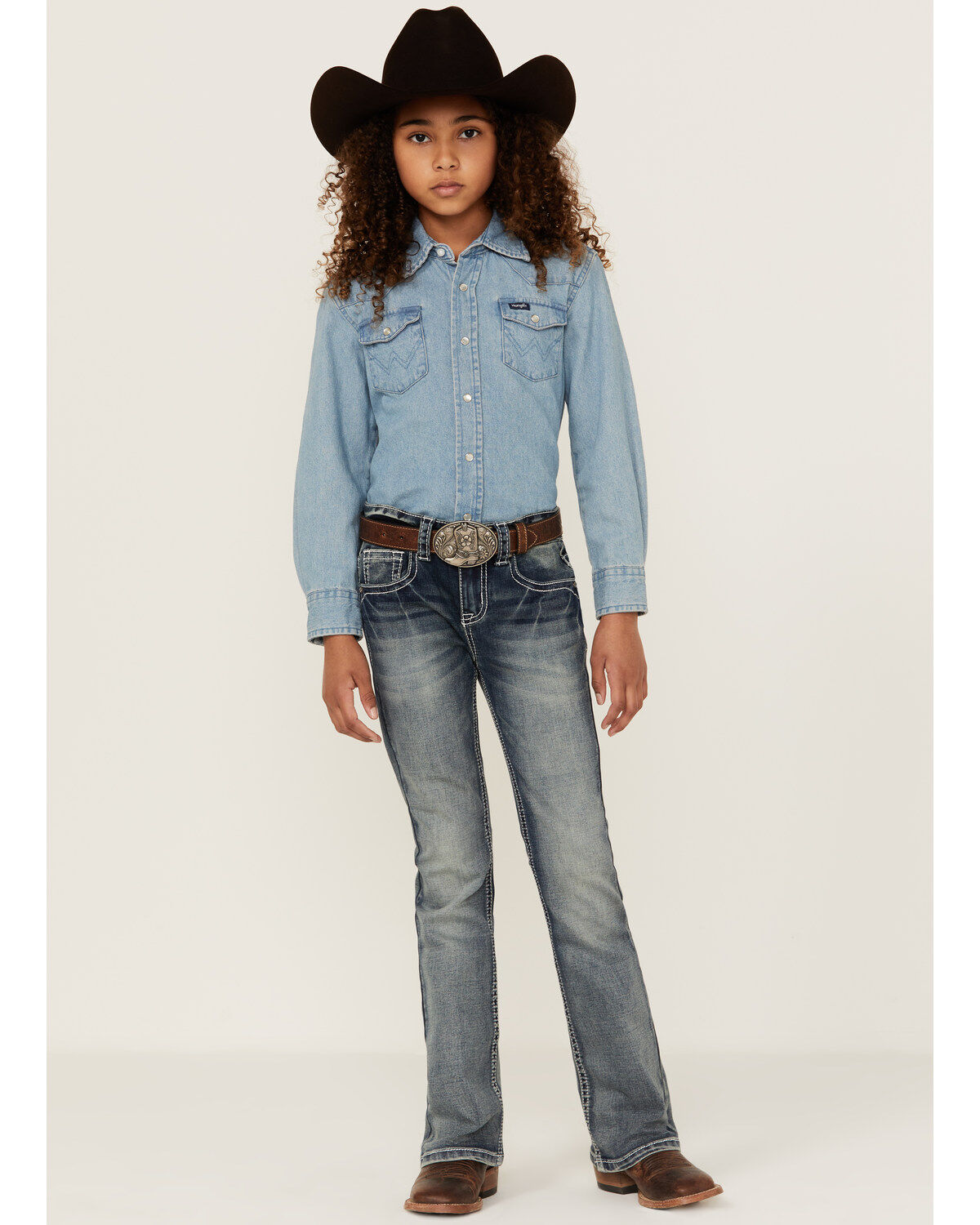 Girls' Shyanne Little Medium Wash Geo Embroidered Pocket Bootcut Jeans