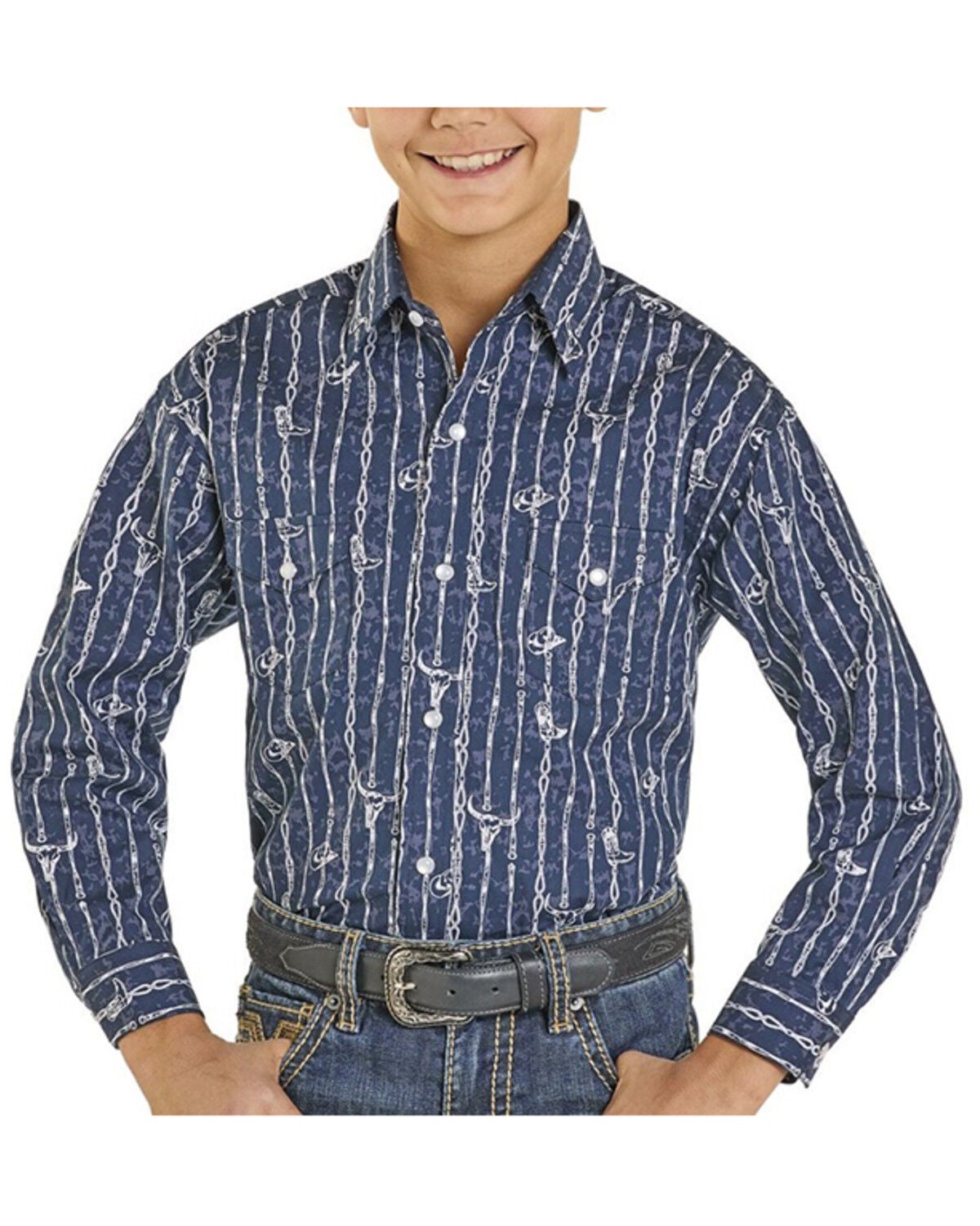 Boys' Panhandle Slim Cow Skull Long Sleeve Snap Stretch Western Shirt