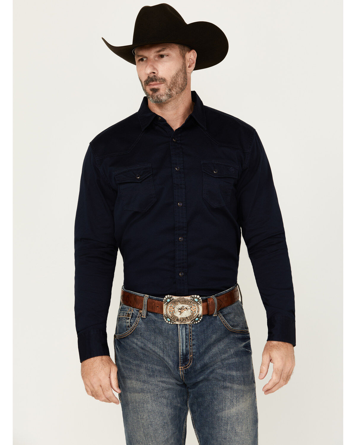Men's Blue Ranchwear Rustler Solid Twill Long Sleeve Snap Stretch West