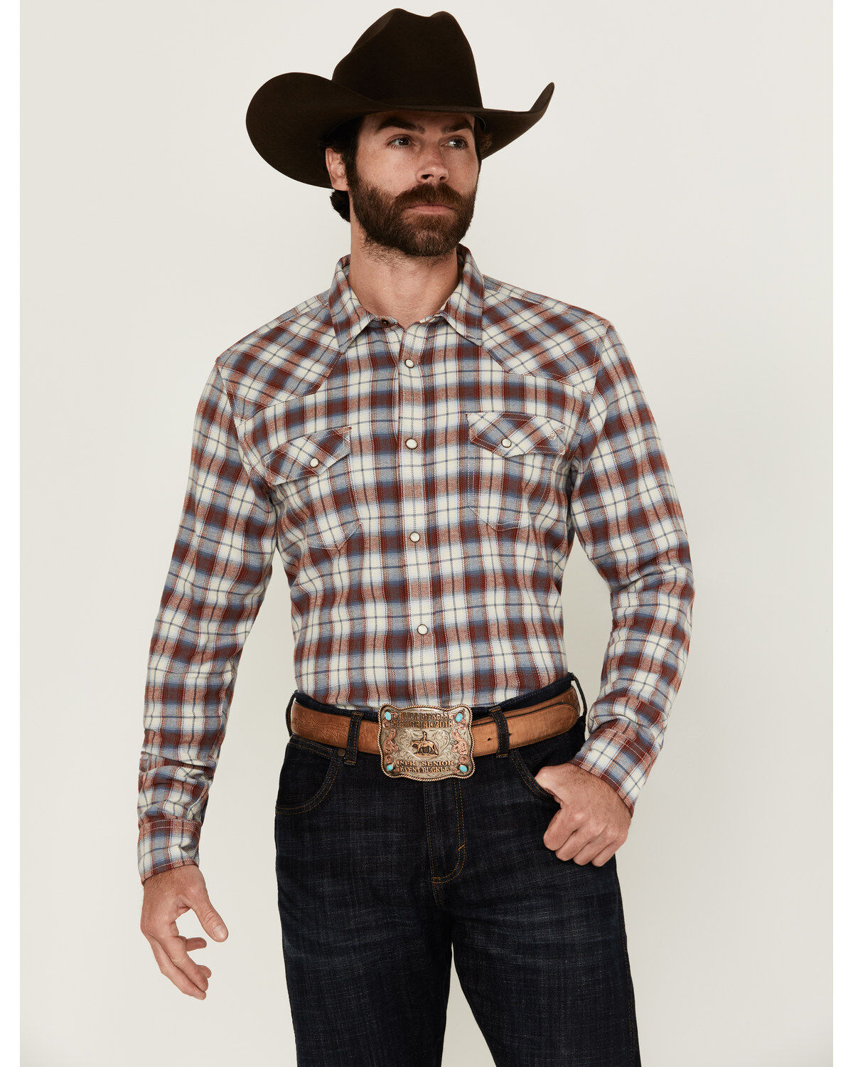 Men's Blue Ranchwear Forest Plaid Print Long Sleeve Snap Western Shirt