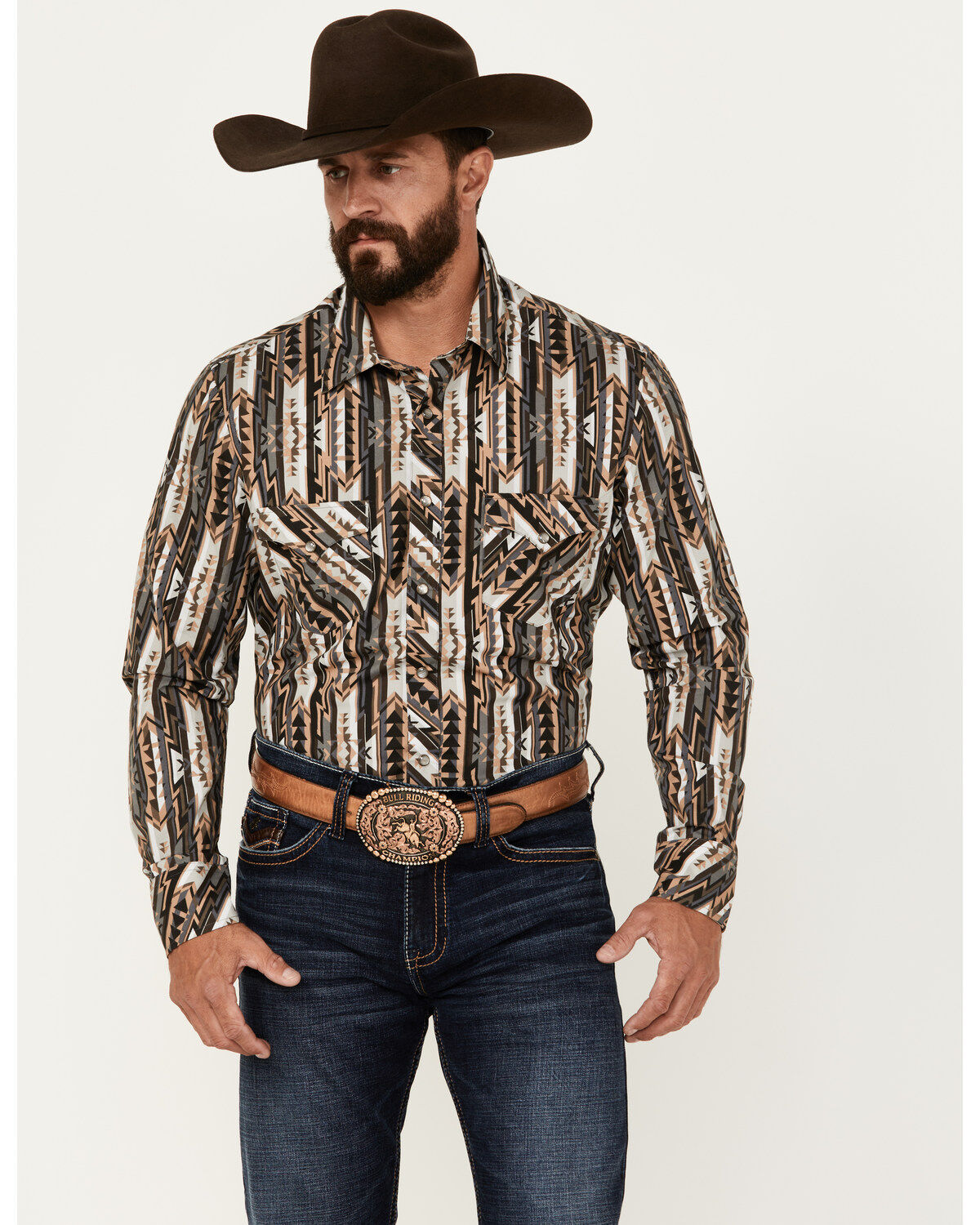 Men's Rock & Roll Denim Southwestern Print Vintage Stretch Western Shi