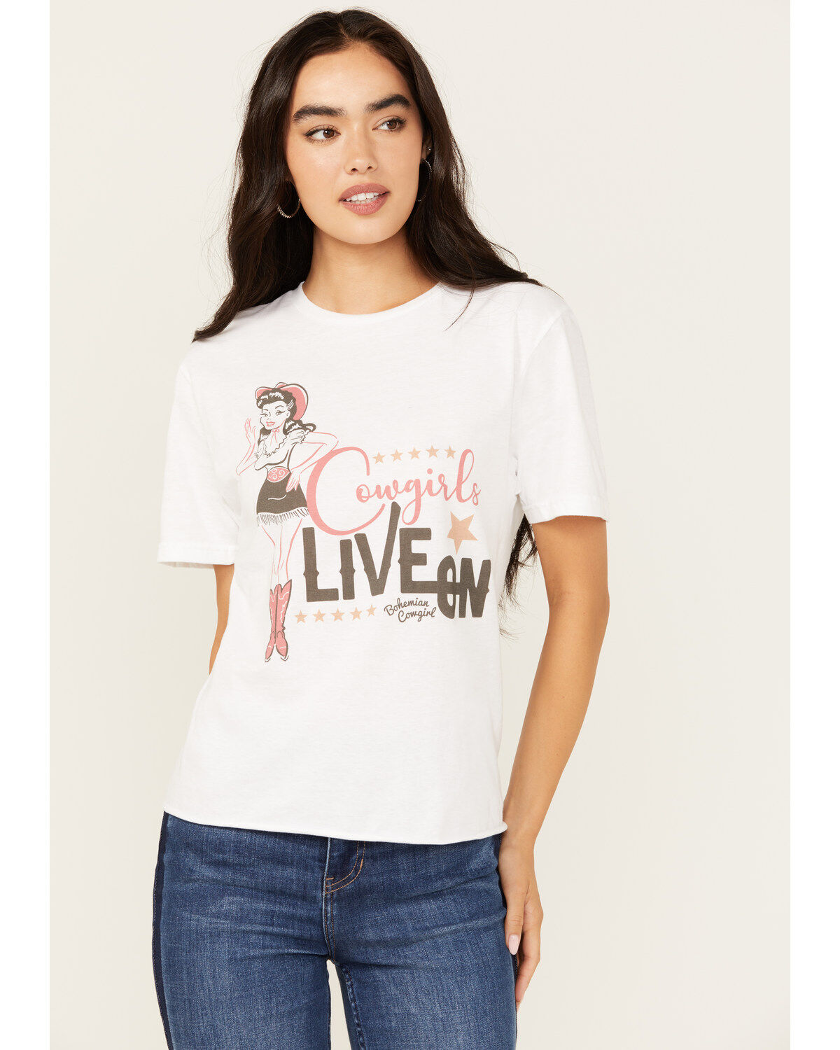 Women's Bohemian Cowgirl Cowgirls Live On Short Sleeve Cropped Graphic
