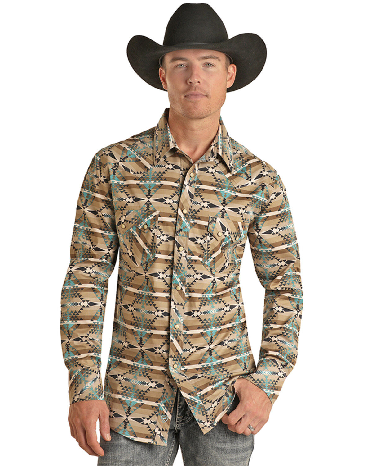 Men's Rock & Roll Denim Southwestern Striped Long Sleeve Snap Stretch