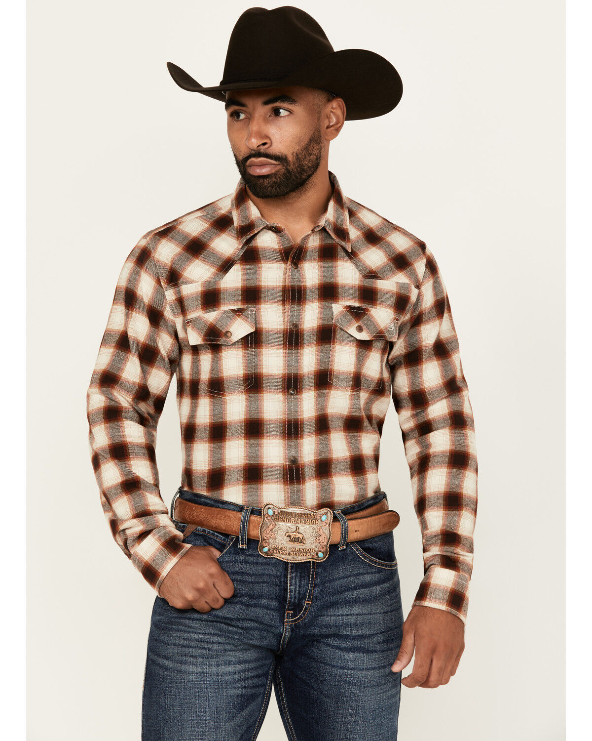 Men's Blue Ranchwear Edwards Plaid Print Long Sleeve Snap Western Shir