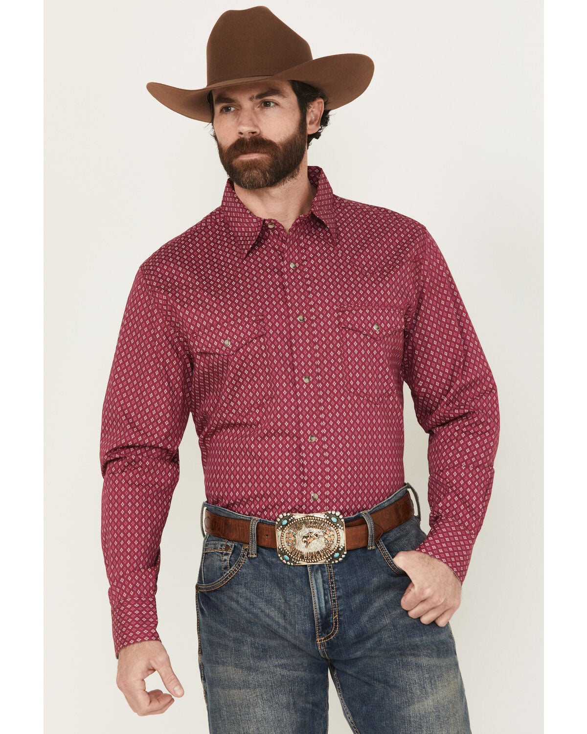 Wrangler 20X Men’s Long Sleeve Geo Print Western Shirt in Wine – Stretch Snap Front Cowboy Shirt with Spread Collar