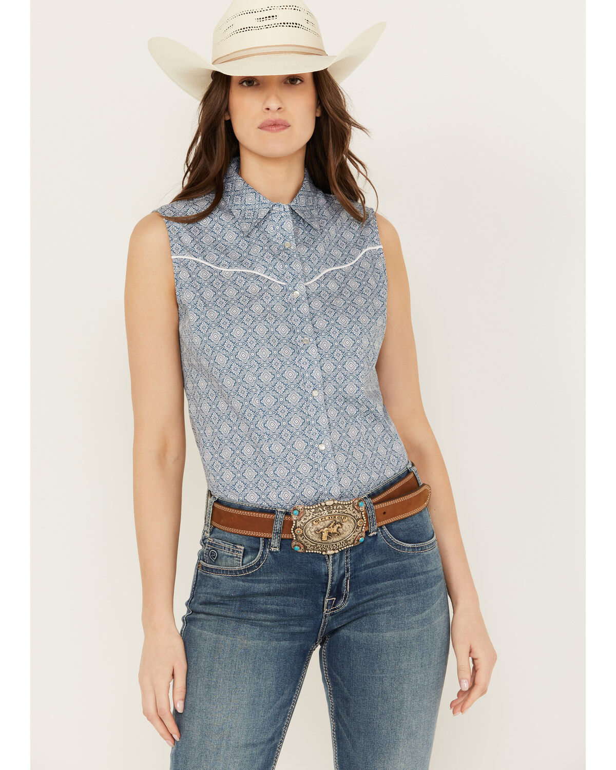 Women's Ely Walker Medallion Print Sleeveless Pearl Snap Western Shirt