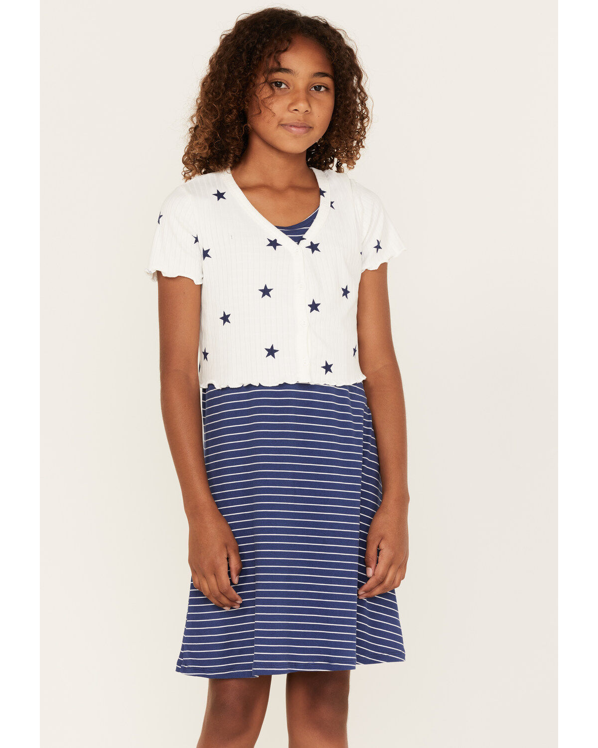 Girls' Self Esteem Star Print Cardigan & Stripe Dress Set - 2-Piece