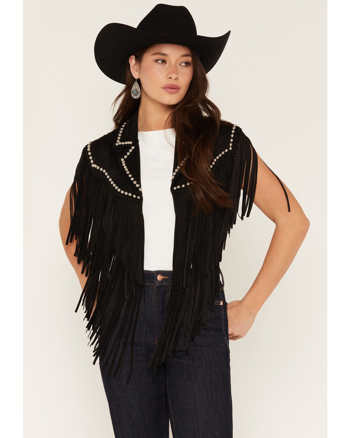 Women's Saints & Hearts Faux Suede Studded Fringe Capelet