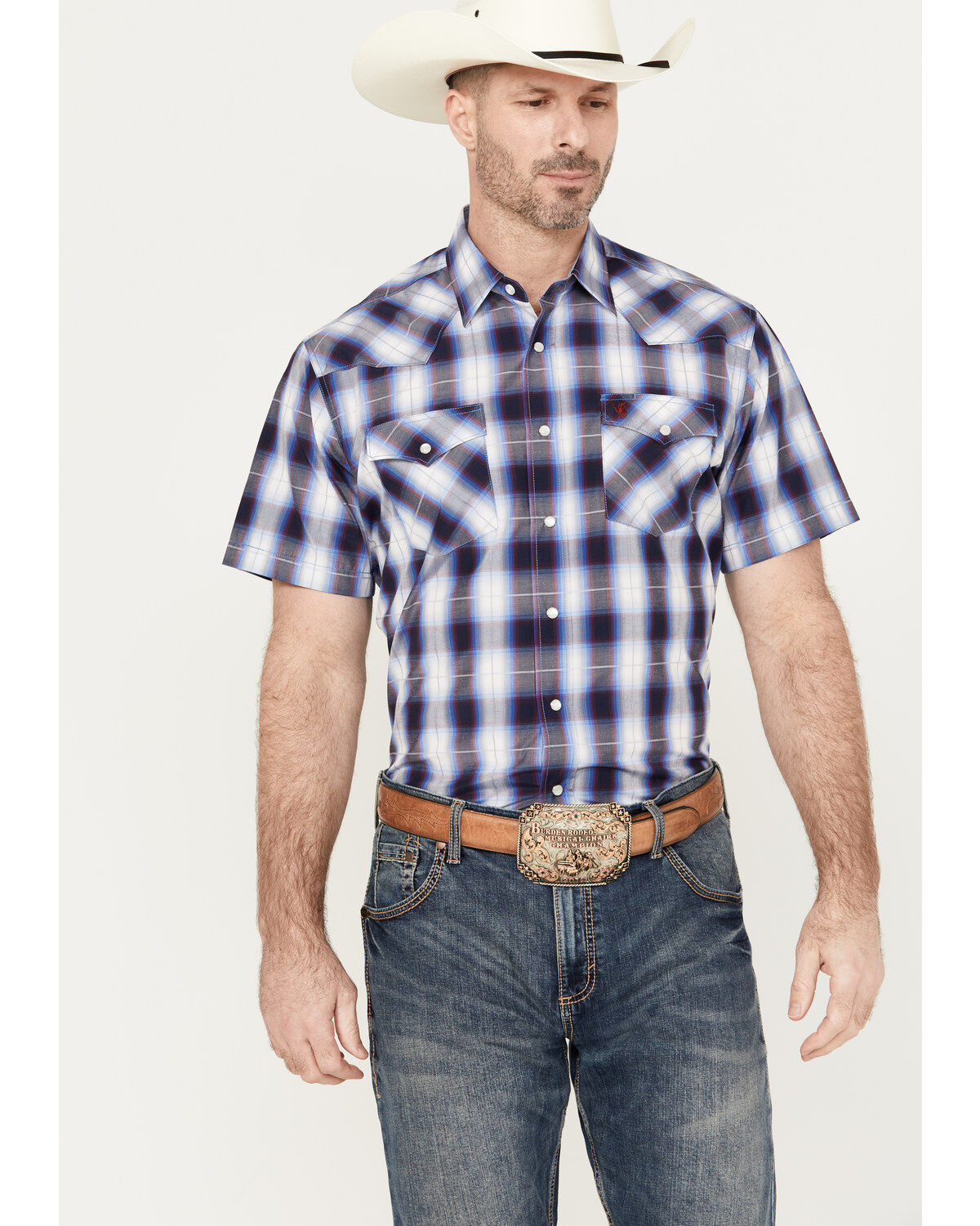 Men's Rodeo Clothing Plaid Print Short Sleeve Snap Western Shirt