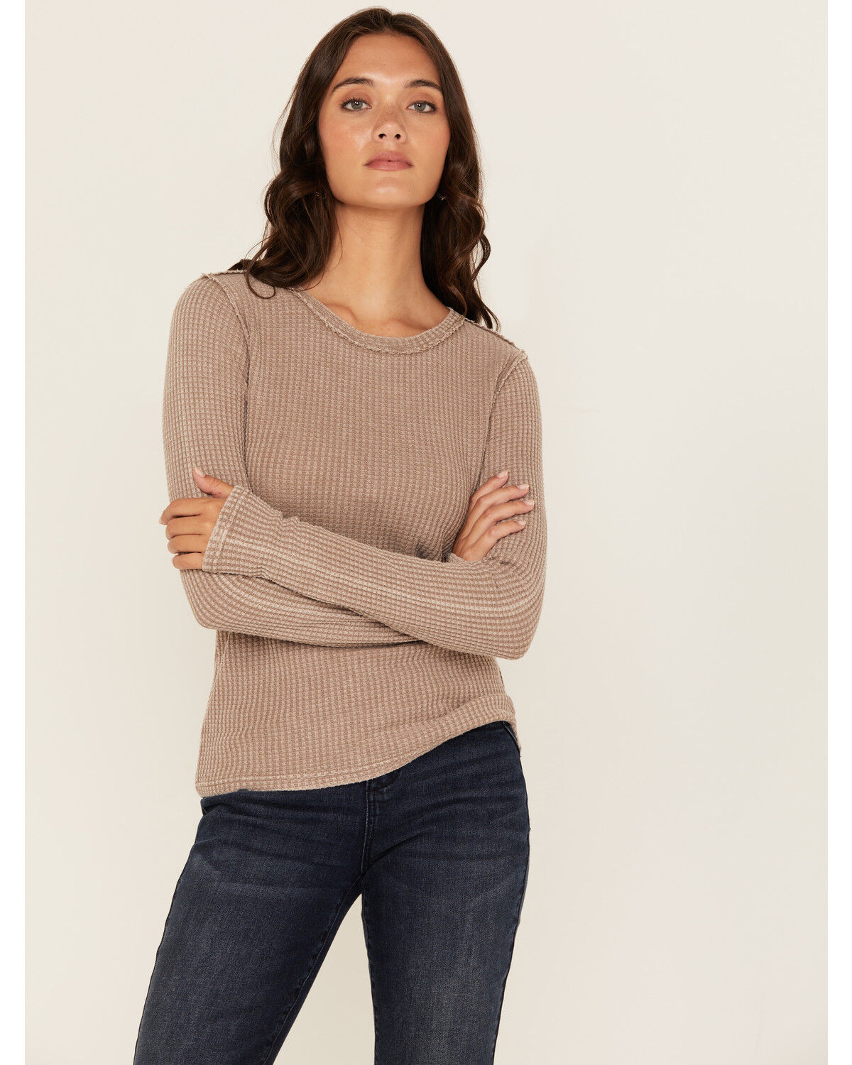 Women's White Crow Solid Long Sleeve Waffle Knit Shirt