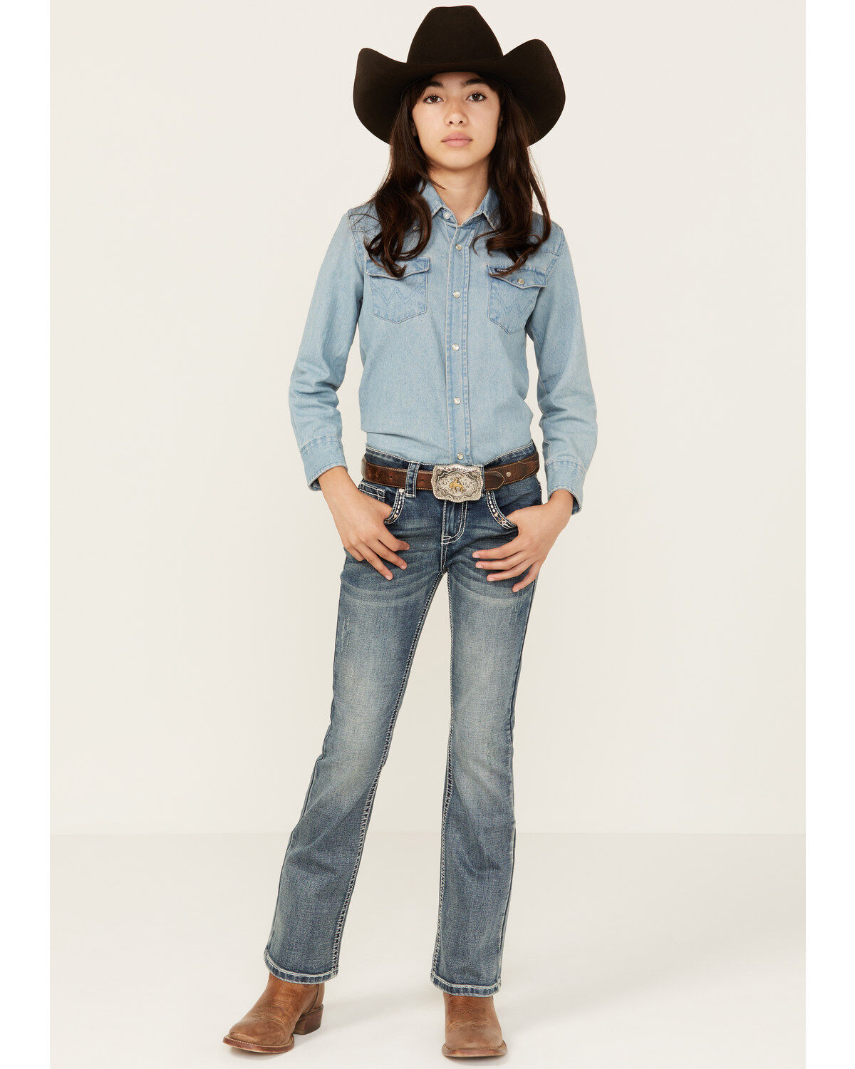 Girls' Shyanne Cowhide Steer Head Light Wash Faded Stretch Bootcut Jea