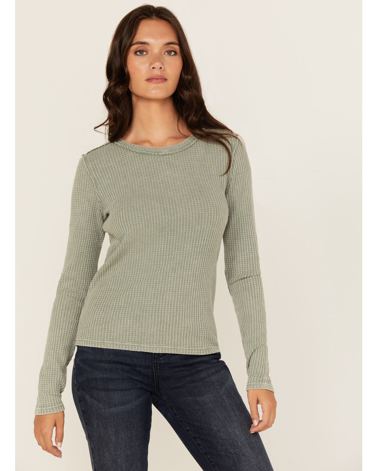 Women's White Crow Solid Long Sleeve Waffle Knit Shirt