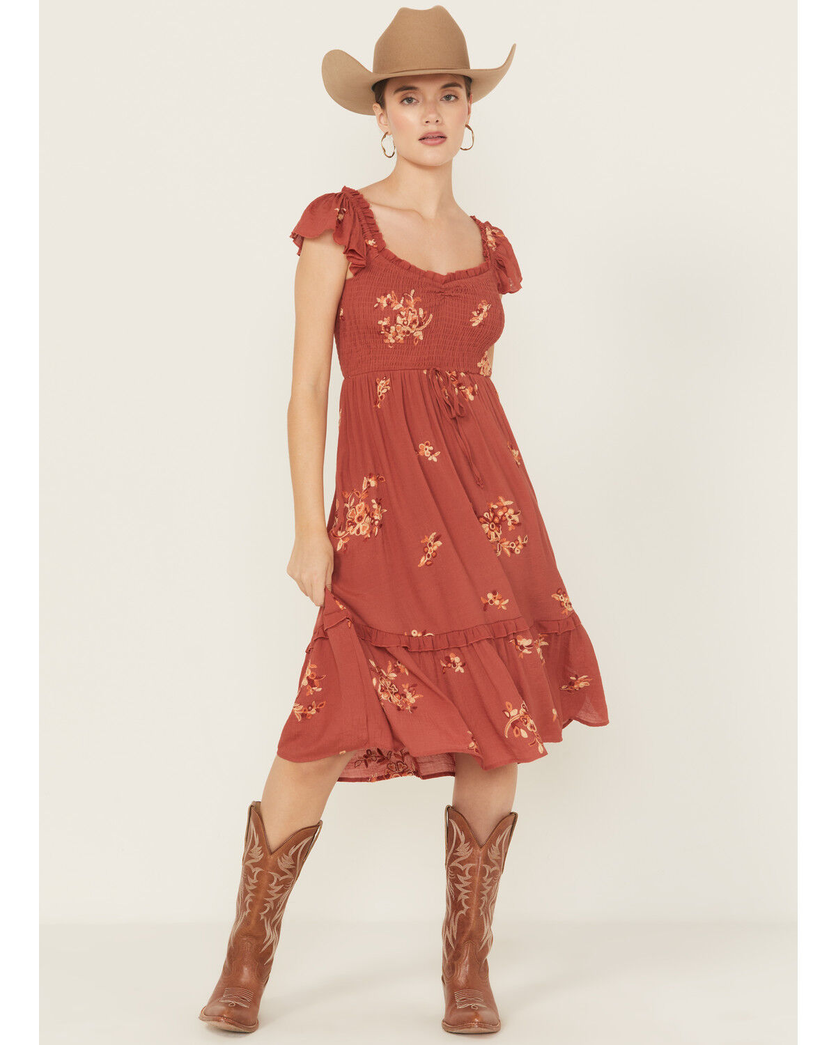 Women's Wild Moss Floral Embroidered Short Sleeve Midi Dress