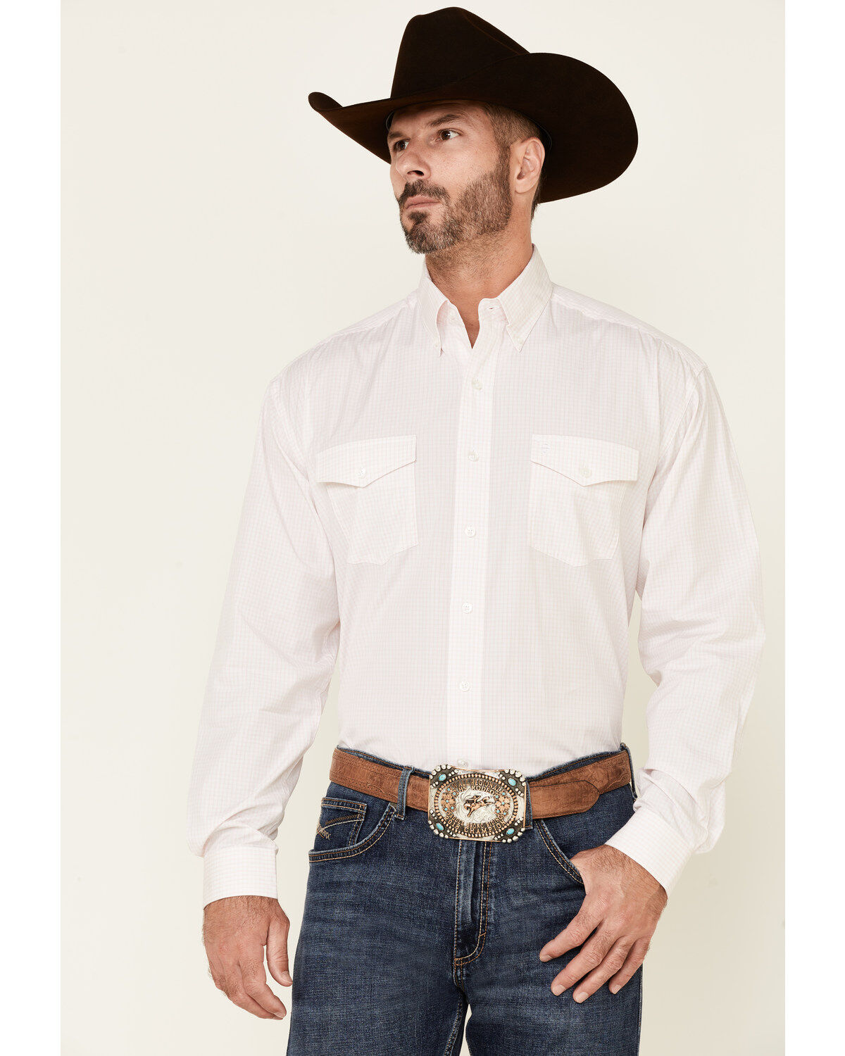 Men's Stetson Small Check Plaid Print Long Sleeve Button Down Western