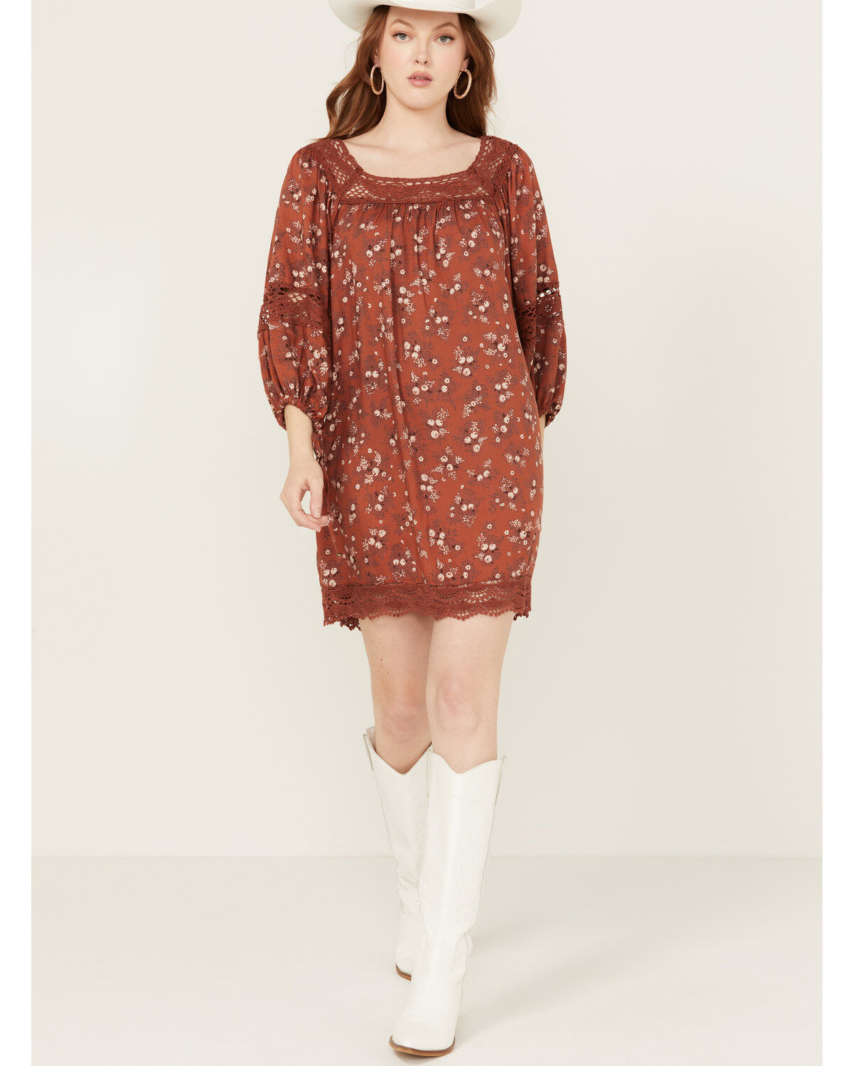 Women's Angie Floral Print Crochet Long Sleeve Mini Dress