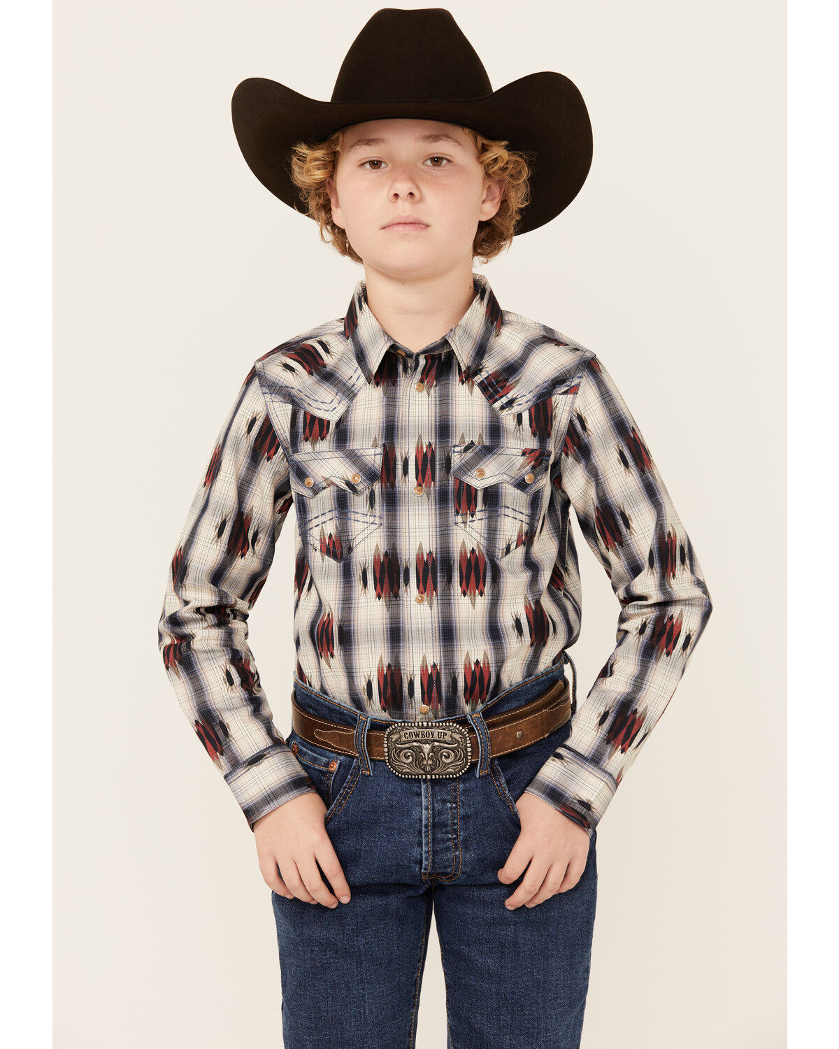 Boys' Cody James Zion Sunset Plaid Print Long Sleeve Snap Western Shir