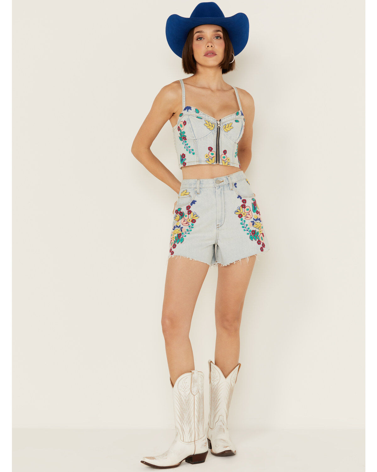Women's Blank NYC Light Wash High Rise Floral Embroidered Denim Shorts