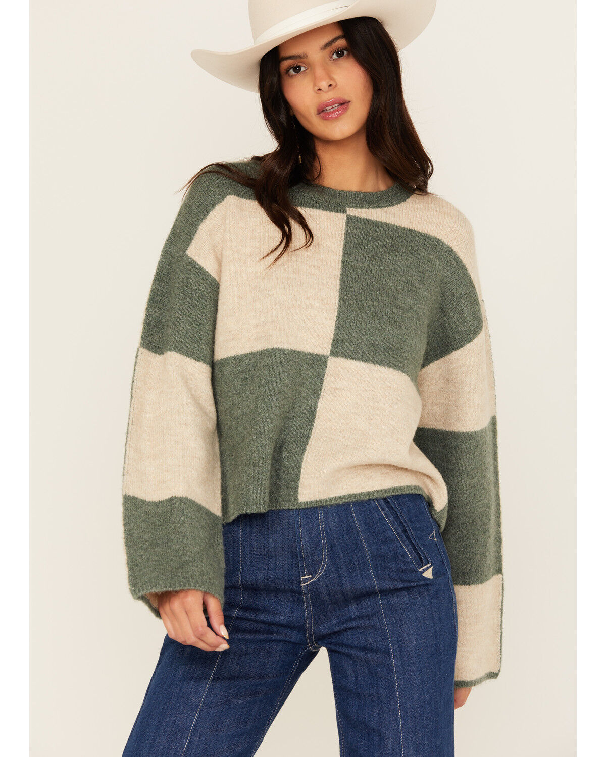 Women's White Crow Checkerboard Sweater