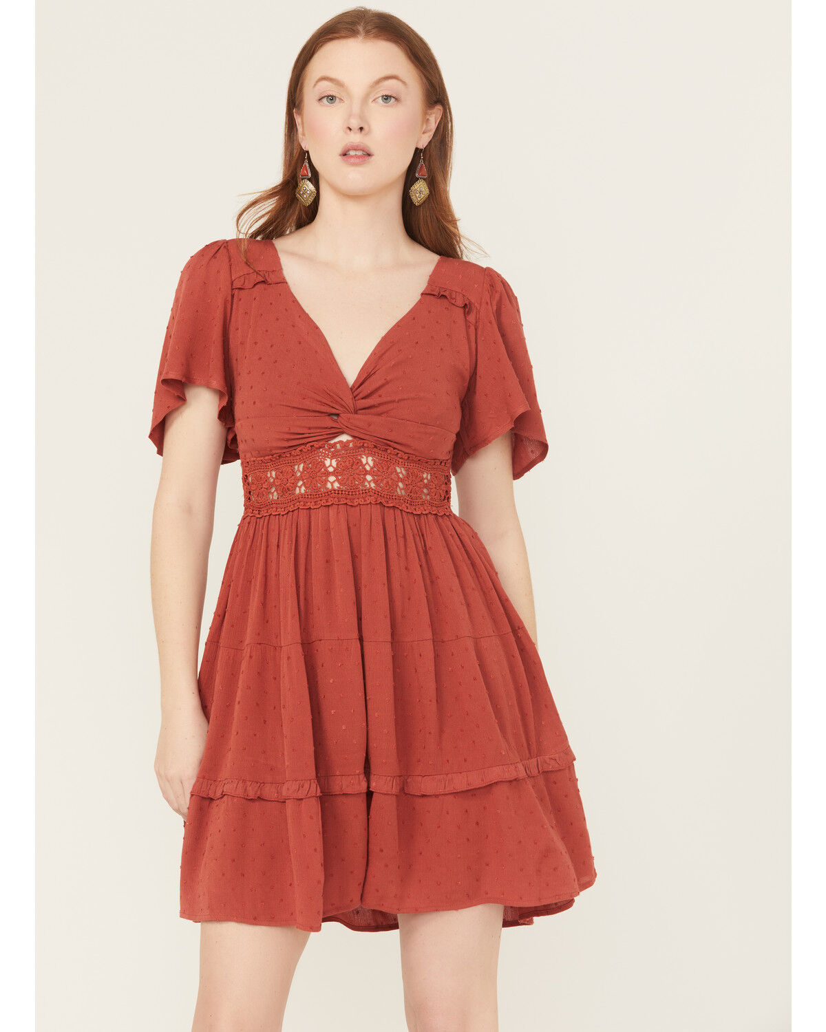 Women's Wild Moss Crochet Inset Twist Front Short Sleeve Mini Dress