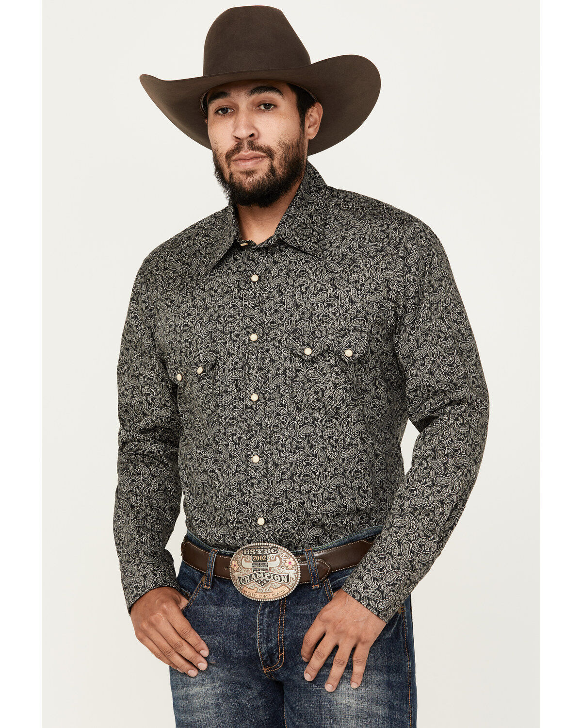Men's Rock & Roll Denim Paisley Pinstripe Print Long Sleeve Snap Stret