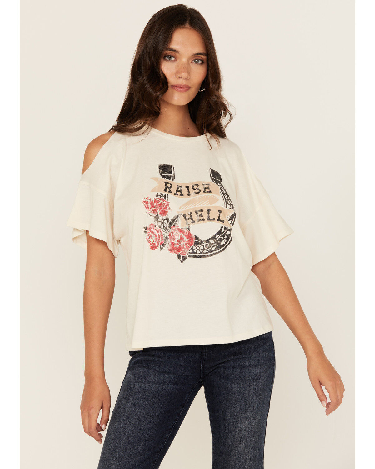 Women's White Crow Raise Hell Cold Shoulder Short Sleeve Graphic Tee