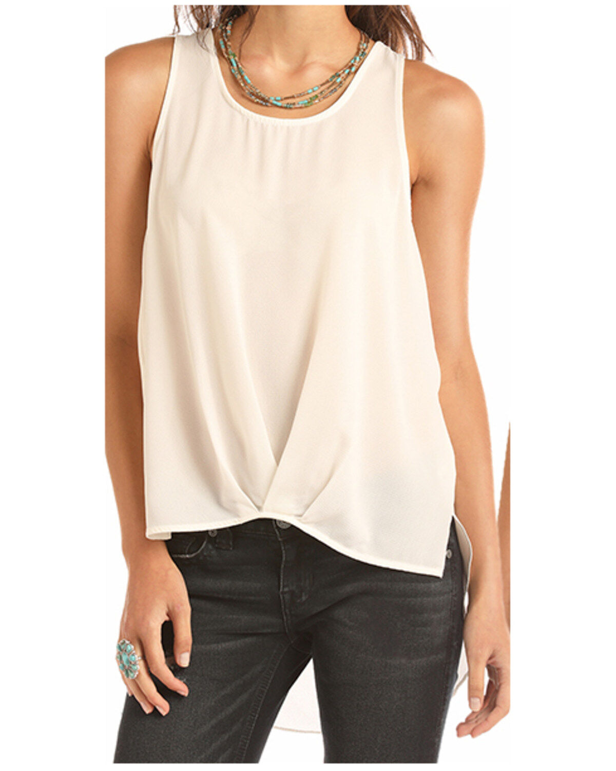 Women's Rock & Roll Denim Ivory Pleated Tank Top