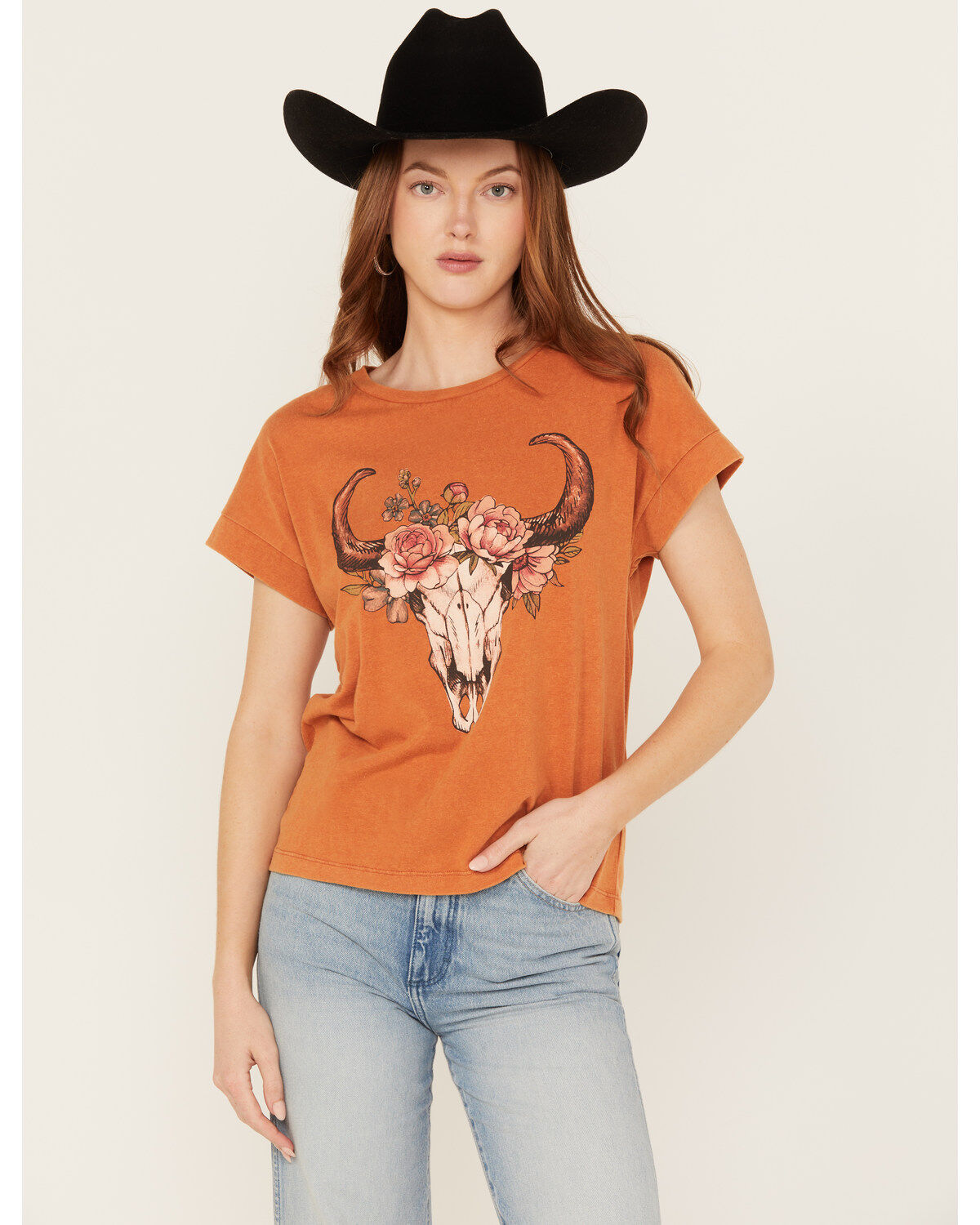 Women's White Crow Floral Steer Head Graphic Tee
