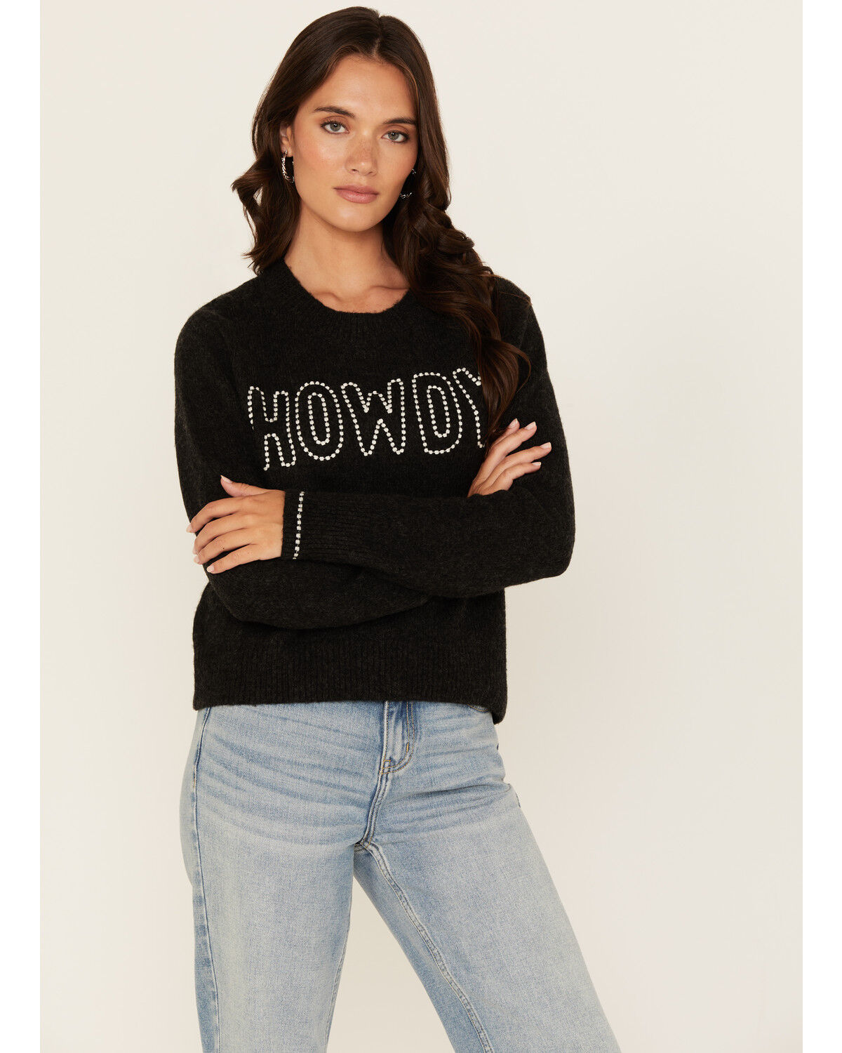 Women's White Crow Howdy Stitched Long Sleeve Sweater